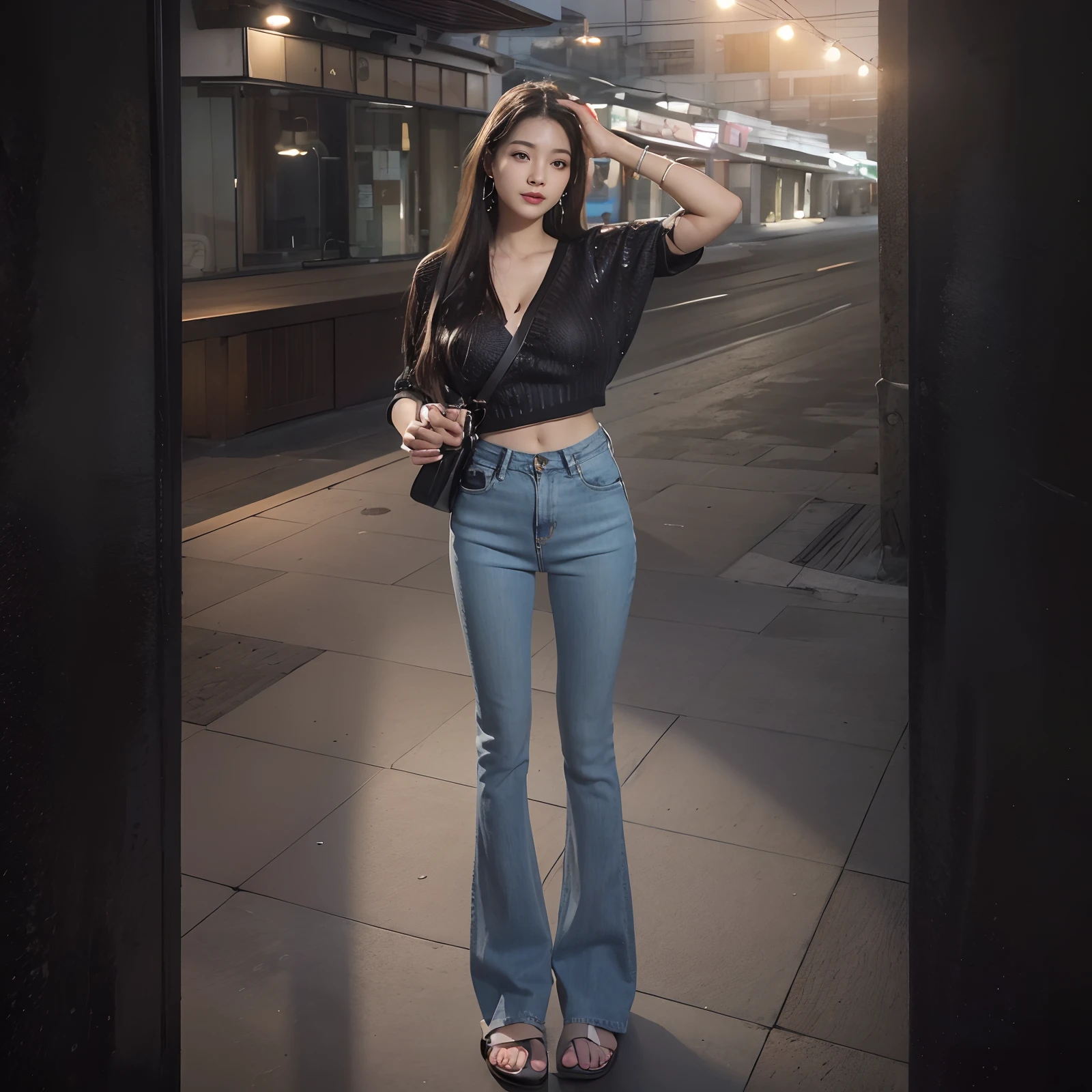 ((Best quality, realisticlying, 8k ultra high definition, Masterpiece: 1.3)), Focus: 1.5, Slim and slim figure，Petite，being thin: 1.4, (long beautiful hair，hair straight，Brown Black，Delicate hair)), (Wet clothes: 1.1) , (rain, sea beach: 1.3), 1 beautiful maiden（18yr old）, 独奏，Black slip sweater, No bra, Raised breasts cleavage, Petite: 1.5, Big breasts Thin waist，Small buttocks，The flat lower abdomen is exposed，Stylish long jeans，（Low Waist），（Open navel）, （Branded fashion flared pants:1.2）, （Stylish washed blue trousers:1.2），Premium texture: 1.3, High-quality granularity, (Nice little crystal sandals: 1.2), Legs are well-proportioned，Highly detailed face and skin texture,petty face，Super nice looking， Beautiful eyes, 二重まぶた , delicated， beautifuldetails， Fair face and skin, Smile, Toothy，lipsticks，There are dimples，(female focus, waistup & hips focus, close focus, hdr shot）, Legs together, varied pose，taken from behind (full bodyesbian: 1.8))