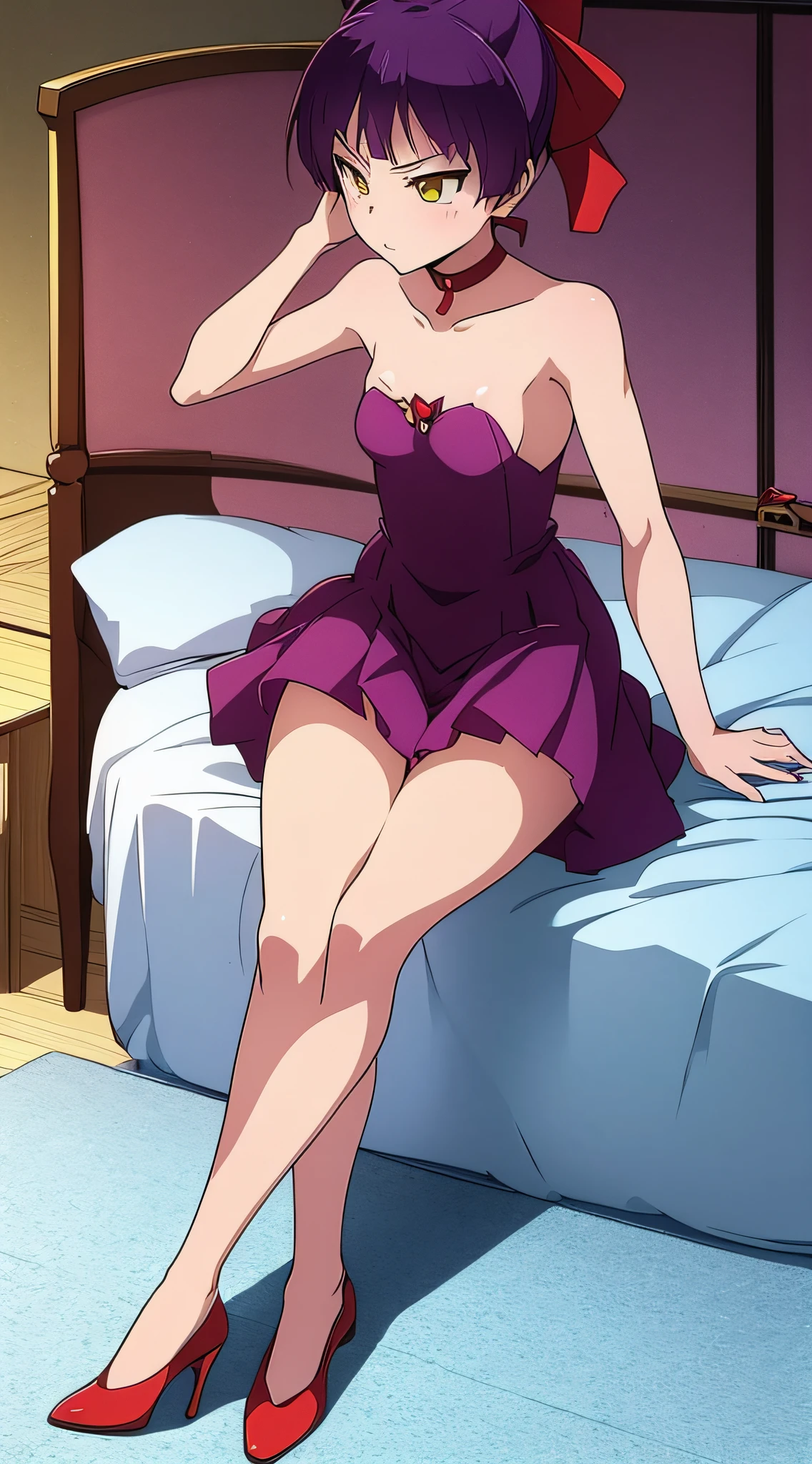 Nekomusume alone、18year old、Purple short ponytail hair、big red ribbon、Yellow Eye、Glaring、Slender figure、small tits、a black choker、fullnude、Red high heels、Lie on the bed and open your legs、Lure the penis、Vaginal ejaculation