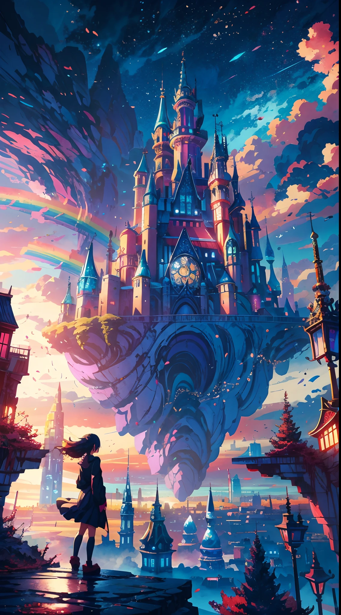 Anime girl standing in big city looking at rainbow sky,Near Future City、 Makoto Shinkai Cyril Rolando, Anime art wallpaper 4k, Anime art wallpaper 4k, Anime art wallpaper 8k, Inspired by Cyril Rolando, in the style dan mumford artwork, Amazing wallpapers, By Yuumei,Huge moving castle