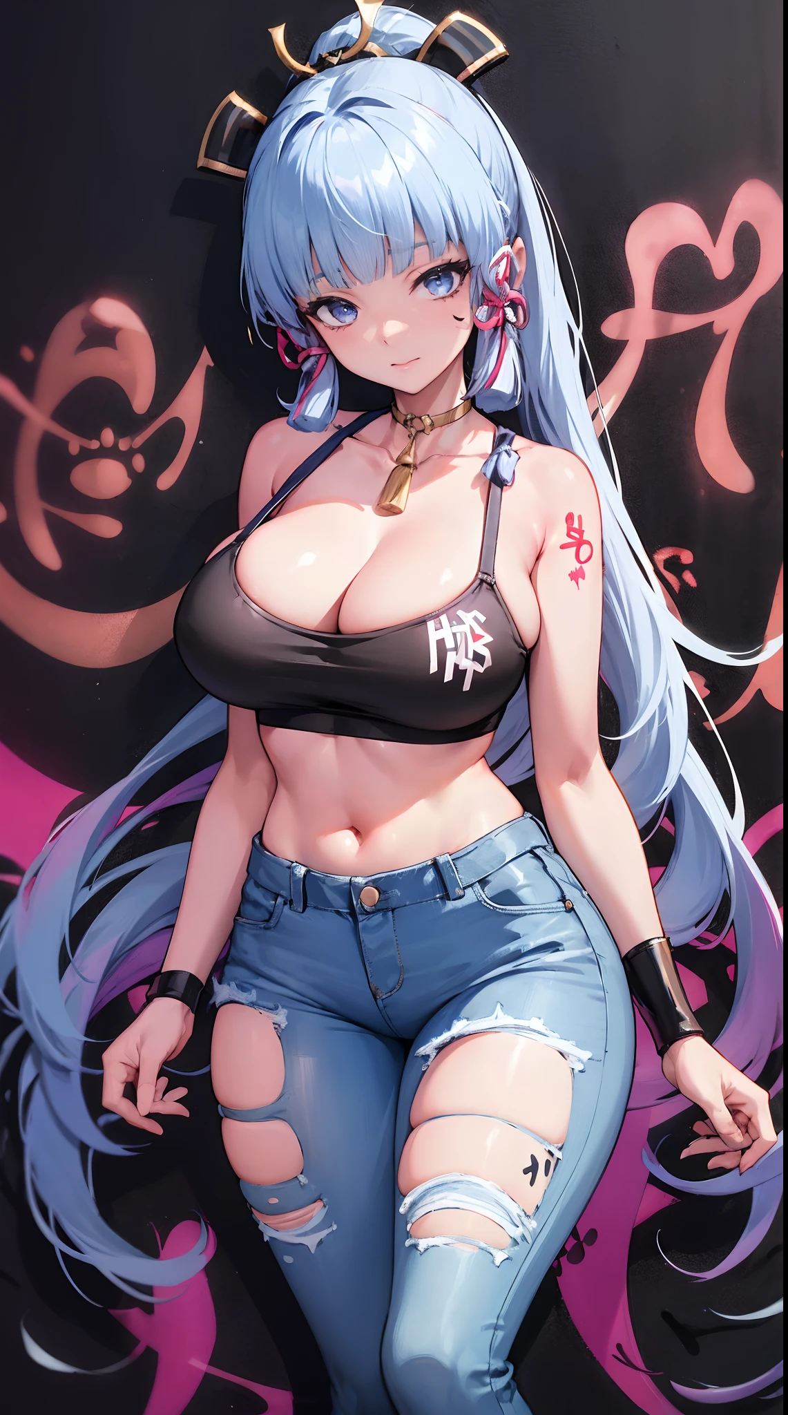 kamisato ayaka|genshin impact, master-piece, bestquality, 1girls,25 years old, proportional body, elongated legs, Beautiful, proportional., crop top, Long Jeans, gigantic breasts, ,bara, crop top, choker, (Graffiti:1.5), Splash with purple lightning pattern., arm behind back, against wall, View viewers from the front., Thigh strap, Head tilt, bored,