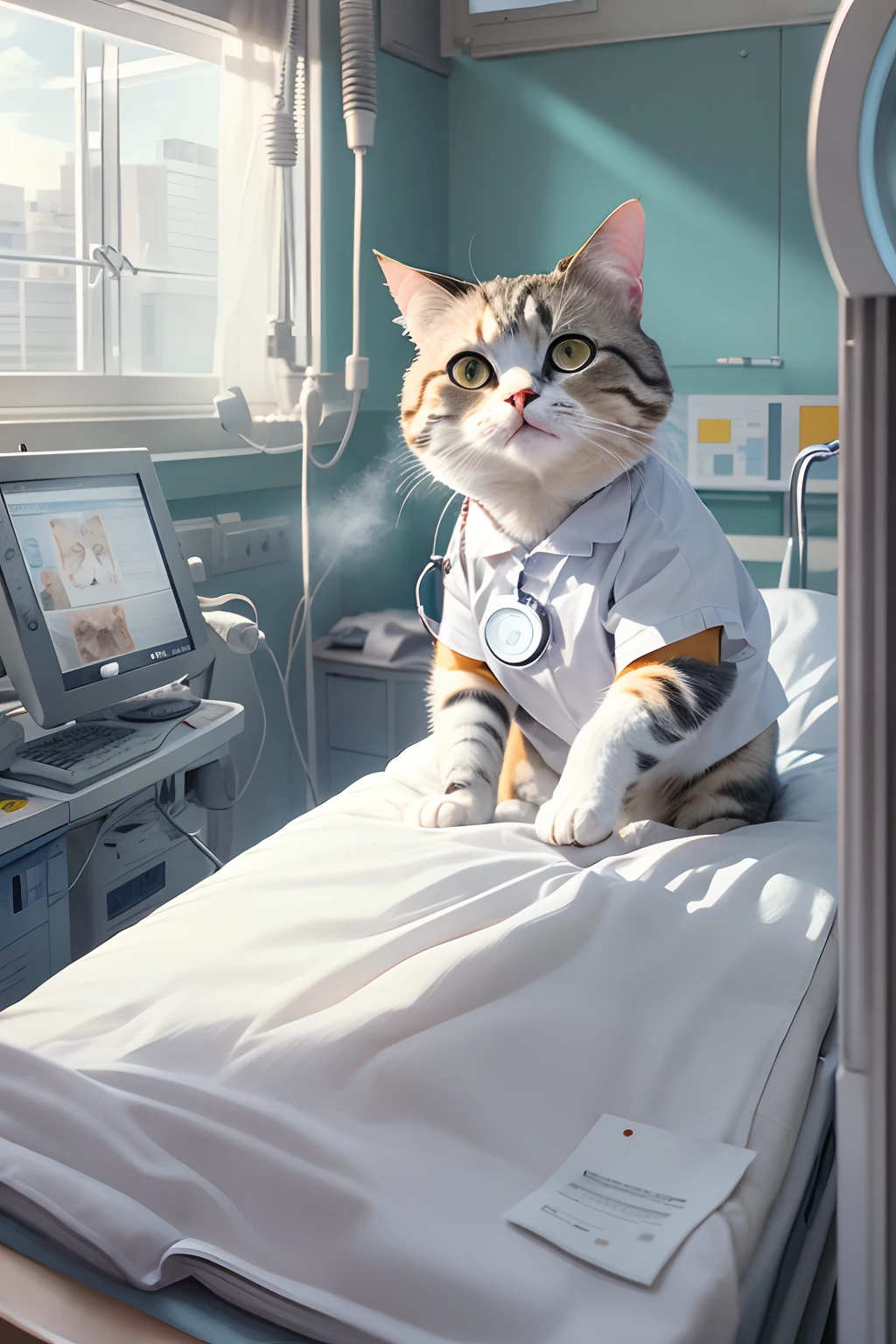 A round-eyed cat, Wearing a white hospital uniform, In the operating room, There are beds inside, instrument, Sunlight outside the window,