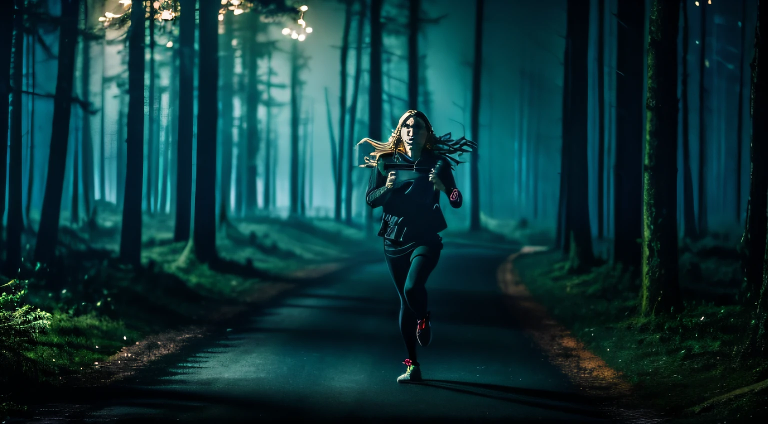 outstanding,1girll,fearful expression,Run in the direction of the lens,A half body,Terrifying forest at night,There are evil killers in the distance,best qualtiy,8K,