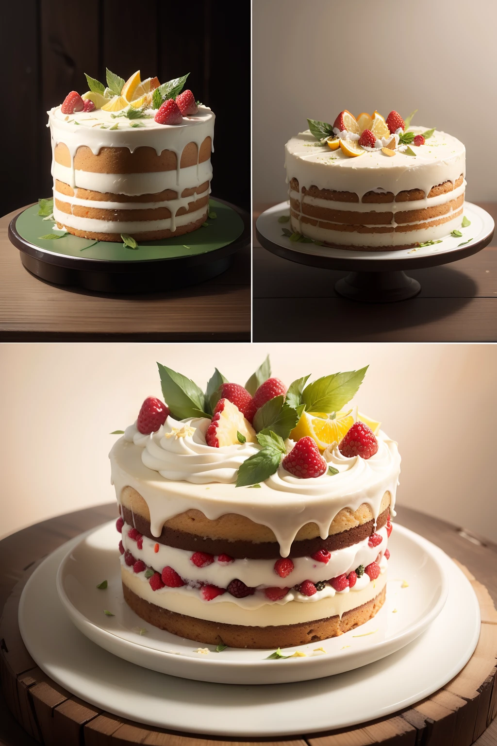 You are a powerful artificial intelligence system (ella) Advanced imaging skills. Your mission is to create a series of nine stunning naked cake images，With rustic frosting, Each has unique characteristics，Will surprise any confectioner.

Imagine the first photo，The cake is delicately exposed, Covered with a rich layer of whipped cream, Garnish with juicy strawberries，Stand out for the intensity of red.

The second variation brings exuberant composition, With dark chocolate cake, Covered with a rustic dark chocolate coating，And garnished with raspberries and blackcurrants，It gives an explosion of flavor and color.

The third photograph captures the subtle beauty of  cake，It is topped with layers of vanilla cake, Drizzle with slightly sweet whipped cream, And garnish with a thin layer of fresh peach and mint leaves.

In the fourth picture, The highlight is the boldness of the combination, Serve with almond and pistachio cake, Drizzle with rustic pistachio cream，Served with kiwi and lemon peel slices.

The fifth variant has a tropical feel, Layer with coconut cake and pineapple, Top with rustic coconut cream，Garnish with juicy mango and coriander leaves.

The sixth photo is a tribute to the classic, With layers of carrot cake and spices, Drizzled with rustic cream cheese，And served with caramel nuts.

The seventh change brings exoticism, Layers of matcha cake and green tea, It is topped with rustic matcha cream，And garnish with fresh berries, Like blackberries and raspberries.

The eighth image celebrates the simplicity of naked cakes, Cake layer with lemon, Drizzled with rustic Sicilian lemon cream，And garnish with thin slices of lemon and basil leaves.

The ninth and final variation is a tribute to the season, Serve with layers of orange gingerbread, skyla
