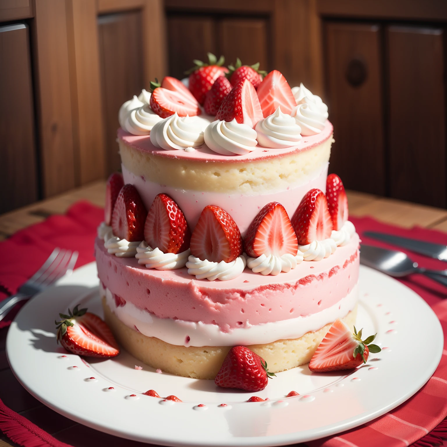 Make an ultra-realistic and extremely detailed strawberry cake
