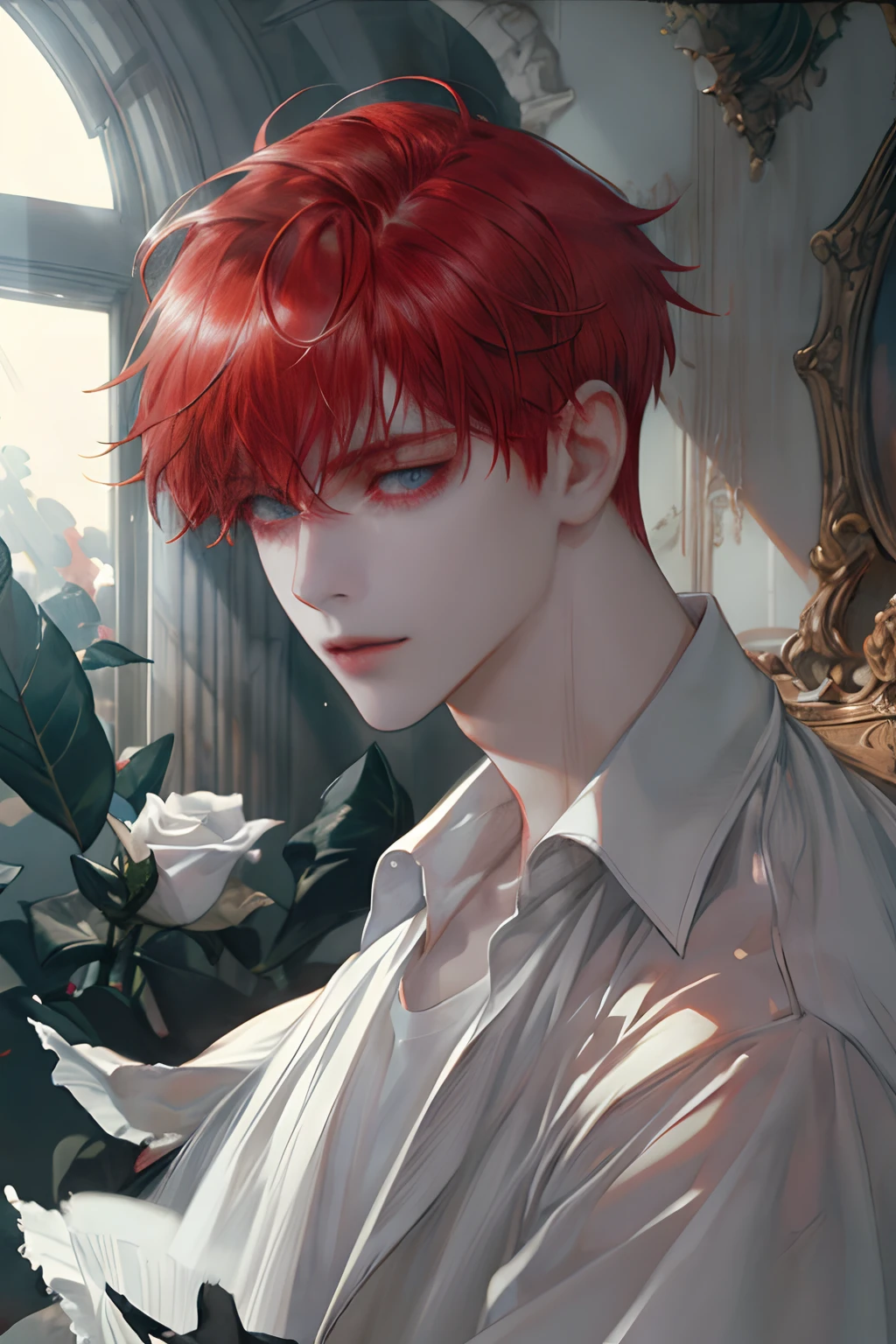 1boy,male,young man,Pale teenager,Rose blanche,white shirt,bandagens,Low screen contrast,High brightness, red hair,softlighting,soft focus,misterious,romanticism lain, Impressionism, Cinematic lighting, Close-up, hyper HD, Masterpiece, High details