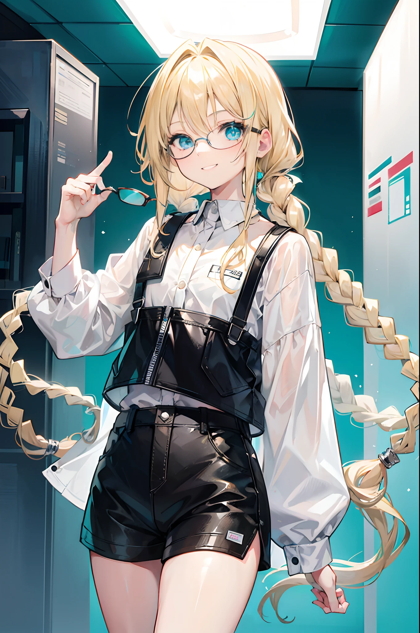 18-year-old blonde, Turquoise eyes, long-haired, Left Braid,.., eyeglasses.. Wear a white shirt.....Black shorts, smiling face.