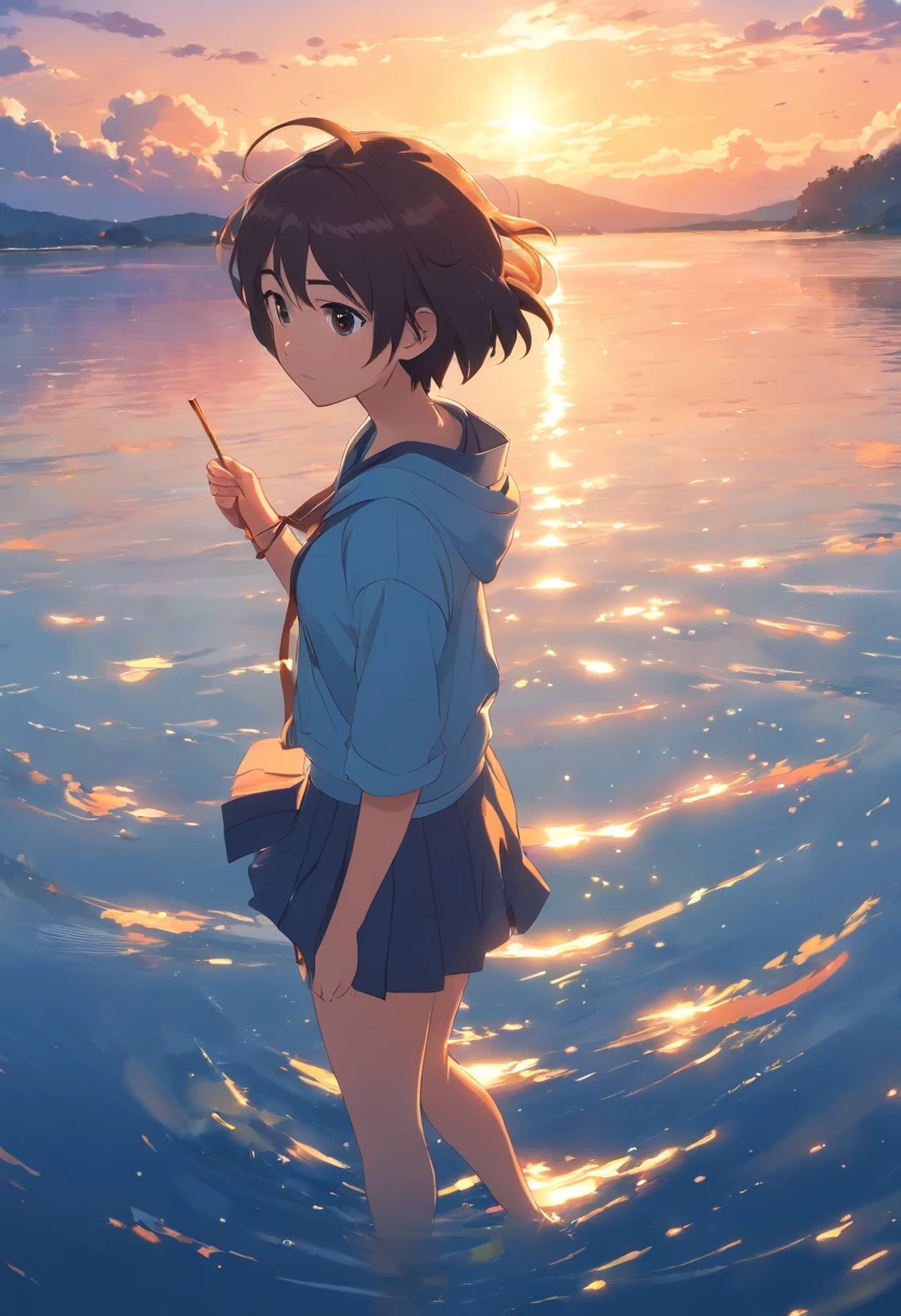 tmasterpiece,best qualtiy,cinematic Film still from,Libido boy,mtu,clouds,closeup cleavage,brightly,cheerfulness,Warm and soft lighting,the sunset,fishing pole,Lake surface,The fish(spark of light:0.7)