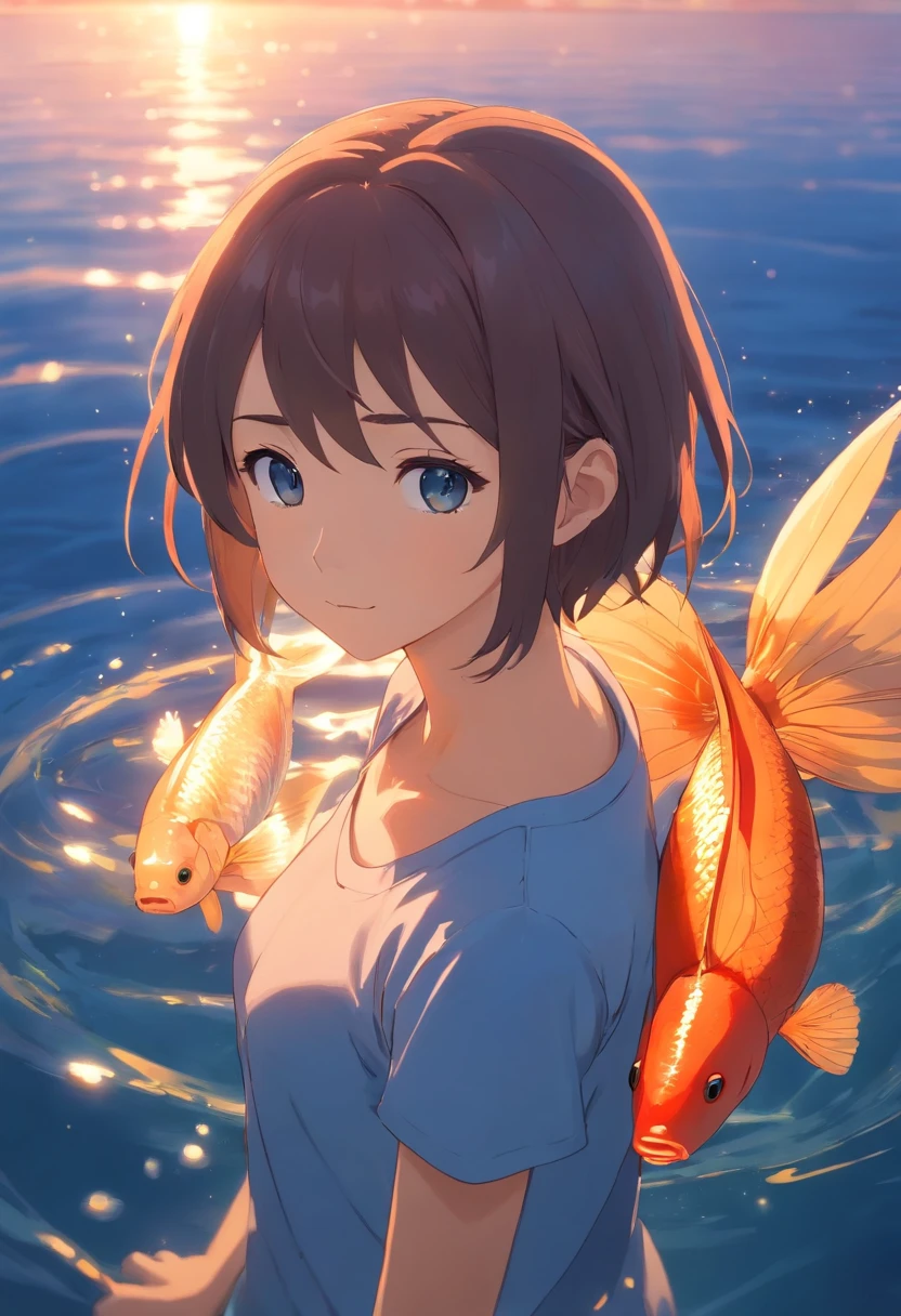 tmasterpiece,best qualtiy,cinematic Film still from,Libido boy,mtu,clouds,closeup cleavage,brightly,cheerfulness,Warm and soft lighting,the sunset,fishing pole,Lake surface,The fish(spark of light:0.7)