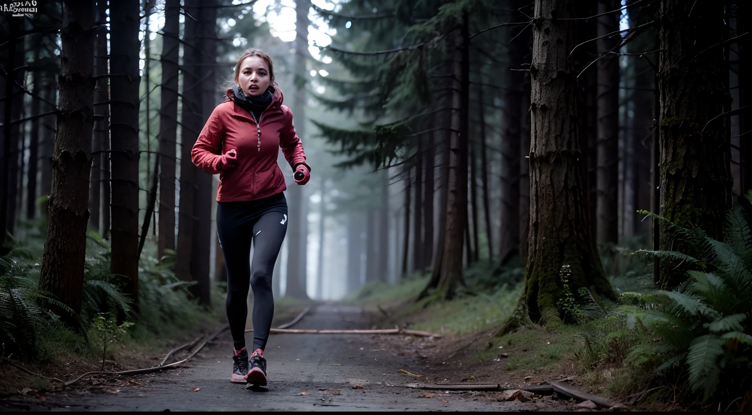 outstanding,1girll,fearful expression,Run in the direction of the lens,A half body,Terrifying forest at night,There are evil killers in the distance,best qualtiy,8K,