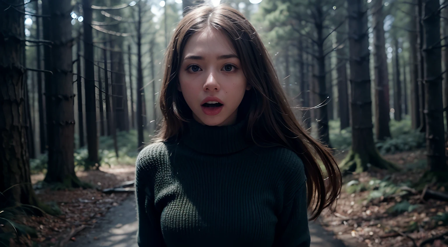 best qualtiy,8K,outstanding,1girll,fearful expression,Run in the direction of the lens,Forest of horrors,the night,There are evil killers in the distance