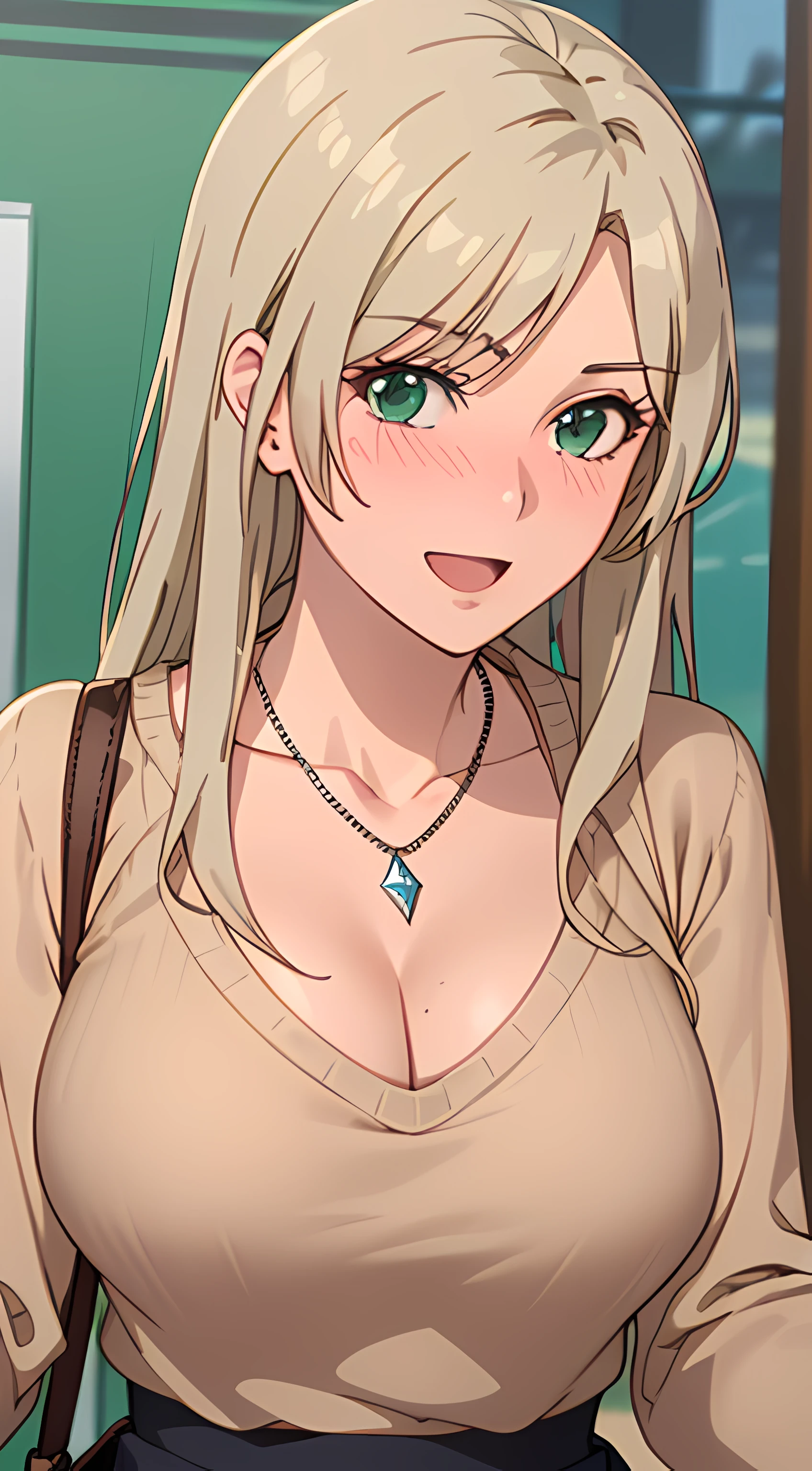 ((masterpiece, best quality, highres, UHD, RTX, perfect pixel, depth of field, 4k, extremely-detailed))), 1girl, single, solo, beautiful anime girl, beautiful artstyle, anime character, ((long hair, parted bangs, middle part hair bangs, dark blonde hair)), ((green eyes:1.4, rounded eyes, beautiful eyelashes, realistic eyes)), ((detailed face, blushing:1.2)), ((smooth texture:0.75, realistic texture:0.65, photorealistic:1.1, anime CG style, vibrant color)), ((medium breasts, cleavage, busty)), dynamic angle, perfect body, ((POV, dynamic pose, close up, looking at viewer)), ((brown sweater, long sleeve, black skirt, fashionable, single handbag, 1diamond necklace)), smile, open mouth, embrassed, amusement park