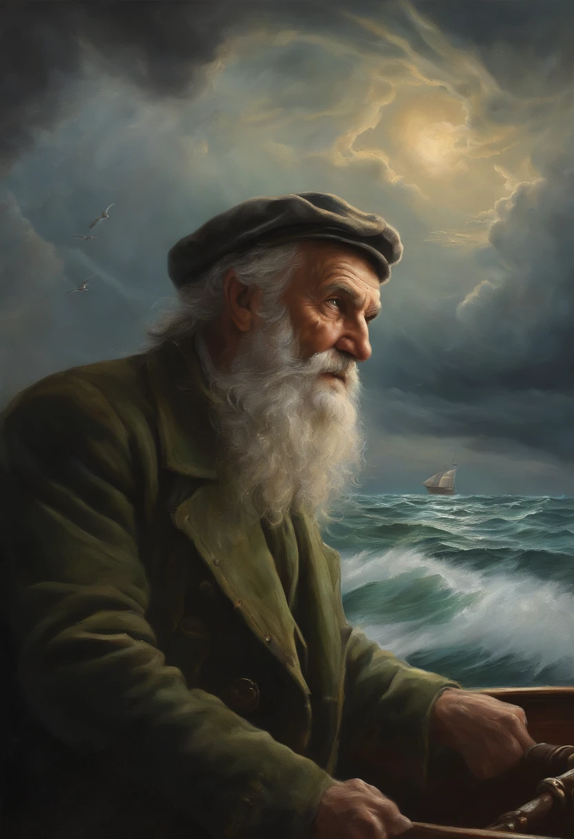 A detailed oil painting of an old sea captain, steering his ship through a storm. Saltwater is splashing against his weathered face, determination in his eyes. Twirling malevolent clouds are seen above and stern waves threaten to submerge the ship while seagulls dive and twirl through the chaotic landscape. Thunder and lights embark in the distance, illuminating the scene with an eerie green glow.