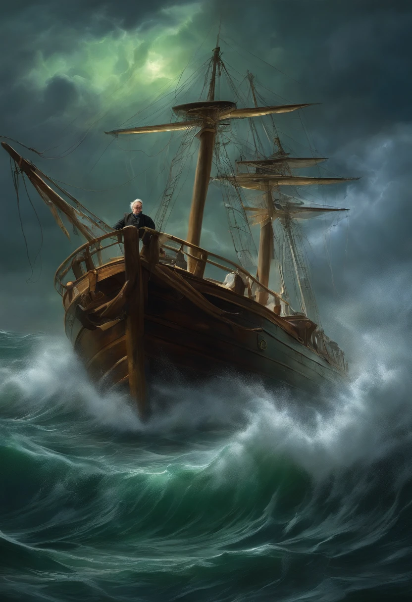 A detailed oil painting of an old sea captain, steering his ship through a storm. Saltwater is splashing against his weathered face, determination in his eyes. Twirling malevolent clouds are seen above and stern waves threaten to submerge the ship while seagulls dive and twirl through the chaotic landscape. Thunder and lights embark in the distance, illuminating the scene with an eerie green glow.