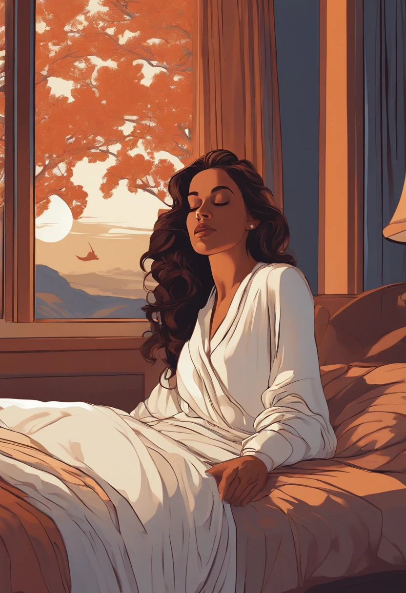 1Girl, Base color with white highlighting, Close-up portrait, hair blowing in the wind, rest, Tomer Hanuka and Atey Ghailan, Styles by Roy Lichtenstein and Maxfield Parrish, In the official art style, closing eyes, s whole body, vector, Cell shades, sleep, (in a bedroom), nightgown, dark vibes, natta