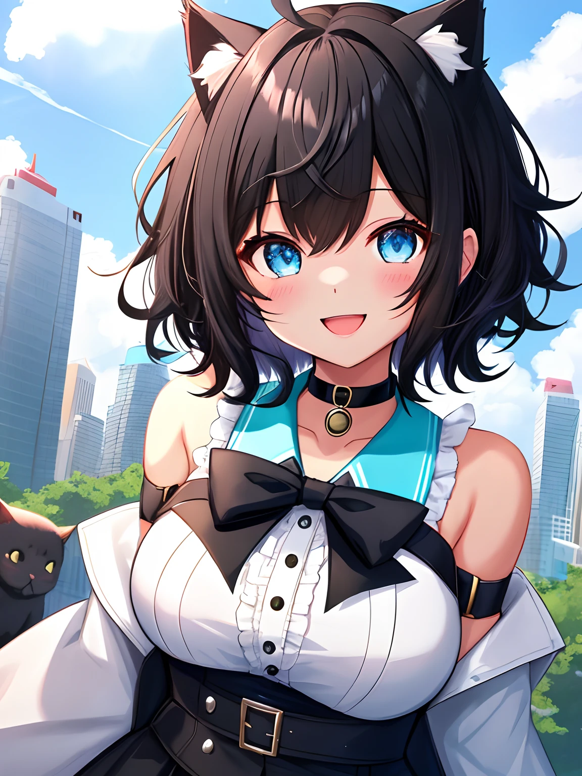 Cute backgrounds, 1girl in, Open mouth, Smile, Virtual Youtuber、girl with、((Best Quality, high_resolution, Distinct_image)),(Black hair), (Black cat ears), (Ahoge), (absurdly short hair), (Wavy Hair), (Blue eyes),、Very big、A smile、((View Viewer))、Choker worn around the neck