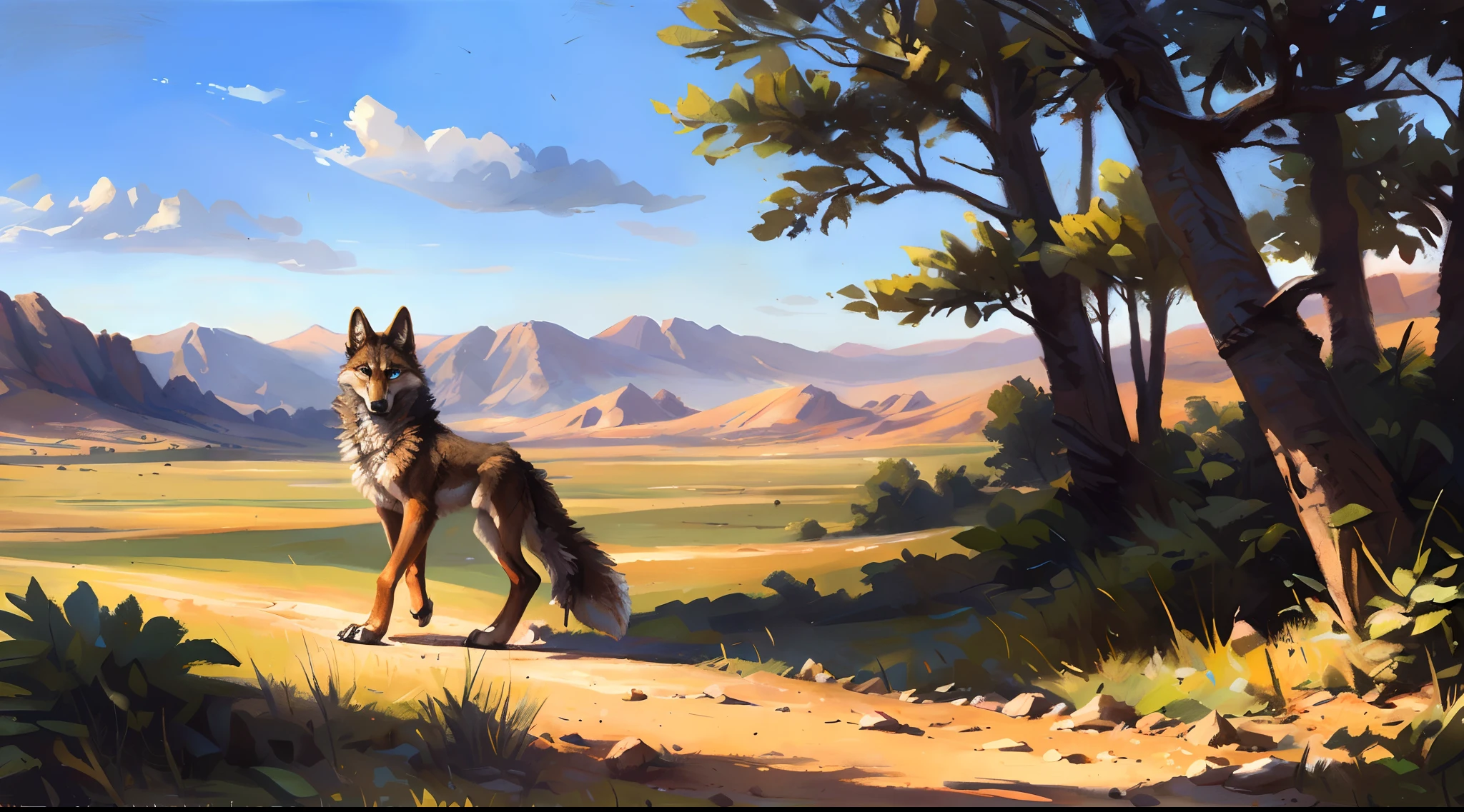 ((Solo)), male people, coyote, (Multi-colored fur, White-brown:1.3), ((Wolf face, White hair, Big eyes, White eyelids, Blue pupil, Slim:1.2) (Tough, Calm expression:1.2)), Abs, Slim, pinging)), (Correct anatomy), A big tail,Feet,longtorso,(Realistic fur, Detailed fur texture, labeled:1.3)), (Natural lighting), Photorealistic, Hyperrealistic, ultradetailed, by Kenket,Naked all over the body,Endless grasslands,Walking