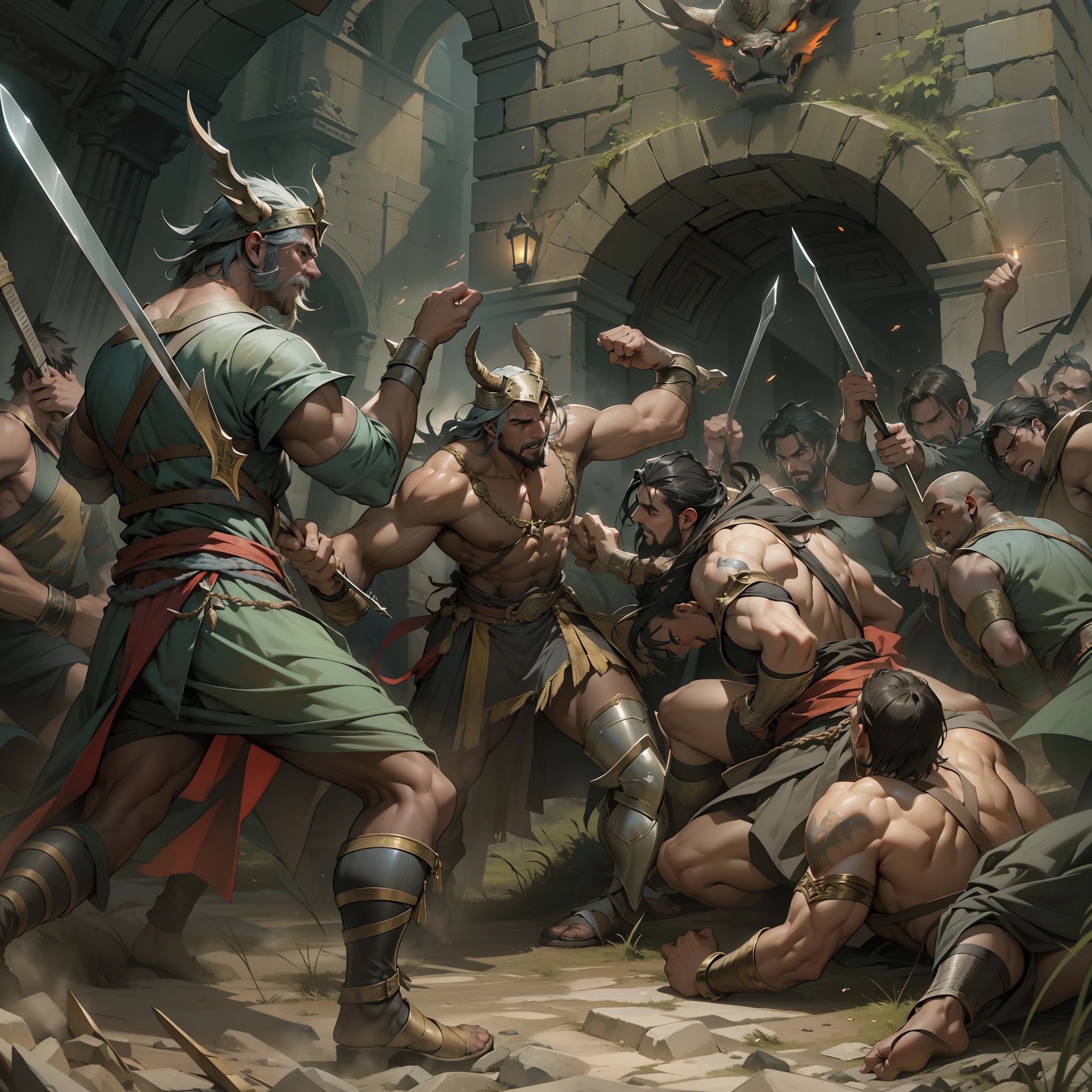 (the best quality, High resolutions, Fotorrealista:1.37), Ultra detailded, Haches de guerre vikings, Celestial radiation, Fierce warriors, Anciens champs de bataille, Guerriers des Divins, Epic confrontation, puissance intense, Guerre historique, dramatic lighting, Aura mystique, Armes divines, Champs de bataille mythiques, Legendary wrestling, Heroic champions, Fearless warriors, Ancient legends, Cri de guerre, Triomphe et gloire, immersive atmosphere, Epic combat, Awesome scene, Guerriers mythiques, Vieux norrois, film-like composition, intense energy, Mythical heroes, mythical creatures, Fierce determination, Action impressionnante, Poses dynamiques, Affrontement monumental, ethereal beauty, Royaumes mythiques, Force mythique, Intervention divine,Supernatural Beasts,La Guerre des mondes,Minotaure,Hidra,Centaure,Magical Beasts,Montruos Terorificos,fierras