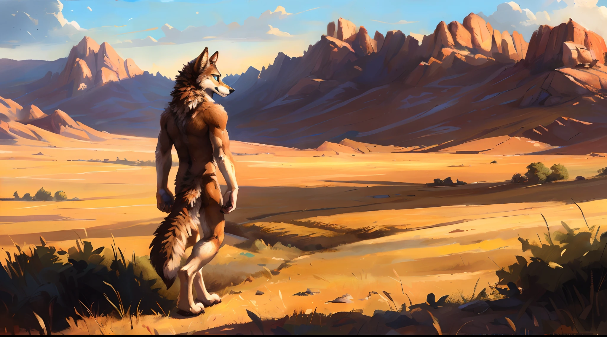 ((Solo)), male people, coyote, (Multi-colored fur, White-brown:1.3), ((Wolf face, White hair, Big eyes, White eyelids, Blue pupil, Slim:1.2) (Tough, Calm expression:1.2)), Abs, Slim, pinging)), (Correct anatomy), A big tail,Feet,longtorso,(Realistic fur, Detailed fur texture, labeled:1.3)), (Natural lighting), Photorealistic, Hyperrealistic, ultradetailed, by Kenket,Naked all over the body,Endless grasslands,Walking
