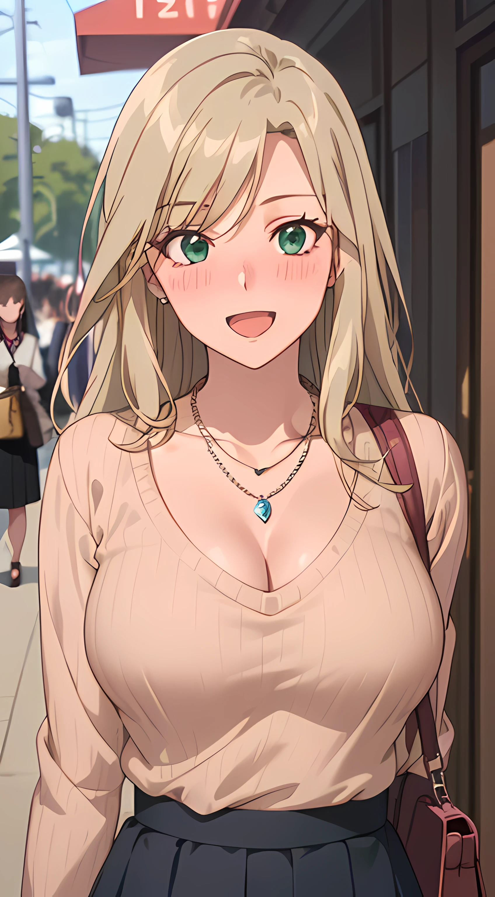 ((nsfw:1.2, masterpiece, best quality, highres, UHD, RTX, perfect pixel, depth of field, 4k, extremely-detailed))), 1girl, single, solo, beautiful anime girl, beautiful artstyle, anime character, ((long hair, parted bangs, middle part hair bangs, dark blonde hair)), ((green eyes:1.4, rounded eyes, beautiful eyelashes, realistic eyes)), ((detailed face, blushing:1.2)), ((smooth texture:0.75, realistic texture:0.65, photorealistic:1.1, anime CG style, vibrant color)), ((medium breasts, cleavage, busty)), dynamic angle, perfect body, ((POV, dynamic pose, close up, looking at viewer)), ((brown sweater, long sleeve, black skirt, fashionable, single handbag, 1diamond necklace)), smile, open mouth, embrassed, amusement park