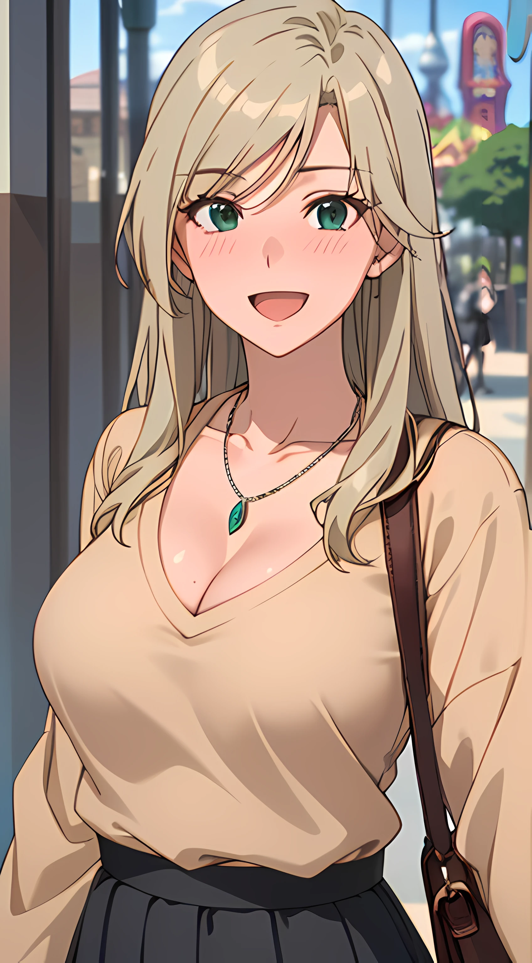 ((nsfw:1.2, masterpiece, best quality, highres, UHD, RTX, perfect pixel, depth of field, 4k, extremely-detailed))), 1girl, single, solo, beautiful anime girl, beautiful artstyle, anime character, ((long hair, parted bangs, middle part hair bangs, dark blonde hair)), ((green eyes:1.4, rounded eyes, beautiful eyelashes, realistic eyes)), ((detailed face, blushing:1.2)), ((smooth texture:0.75, realistic texture:0.65, photorealistic:1.1, anime CG style, vibrant color)), ((medium breasts, cleavage, busty)), dynamic angle, perfect body, ((POV, dynamic pose, close up, looking at viewer)), ((brown sweater, long sleeve, black skirt, fashionable, single handbag, 1diamond necklace)), smile, open mouth, embrassed, amusement park