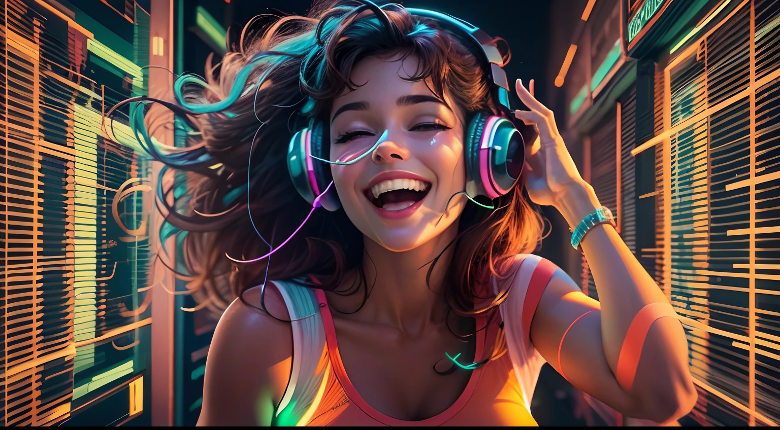 mulher ouvindo musica com fone no ouvindo animada ,alegre, smiling and dancing with very realistic neon lines in high resolution