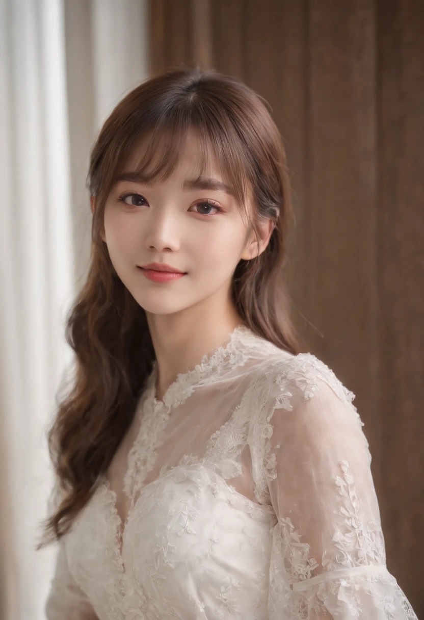 top-quality, Photorealsitic, masterpiece, 8K, Hi-Res, 独奏, 1girl in, (((infp young woman))),、full body Esbian、(small tits), ((Look at viewers)), (look at a camera), ((Different hairstyles close to long))、Perfect straight black hair、(((With bangs)))、 (profetional lighting), Highly detailed bright face、Gentle Japan girl、Lovely smile、Small cleavage、Lace White Dress(long-sleeve)、Standing in the room