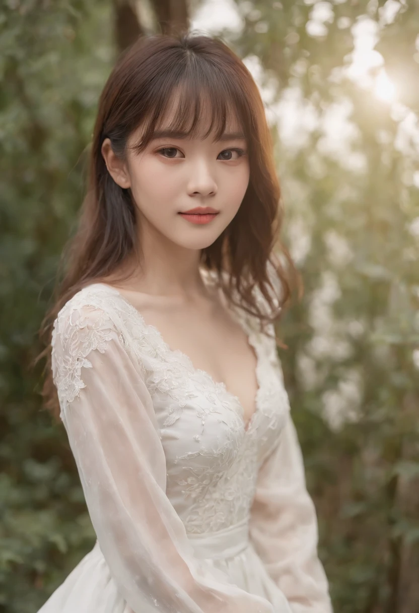 top-quality, Photorealsitic, masterpiece, 8K, Hi-Res, 独奏, 1girl in, (((infp young woman))),、full body Esbian、(small tits), ((Look at viewers)), (look at a camera), ((Different hairstyles close to long))、Perfect straight black hair、(((With bangs)))、 (profetional lighting), Highly detailed bright face、Gentle Japan girl、Lovely smile、Small cleavage、Lace White Dress(long-sleeve)、Standing in the room