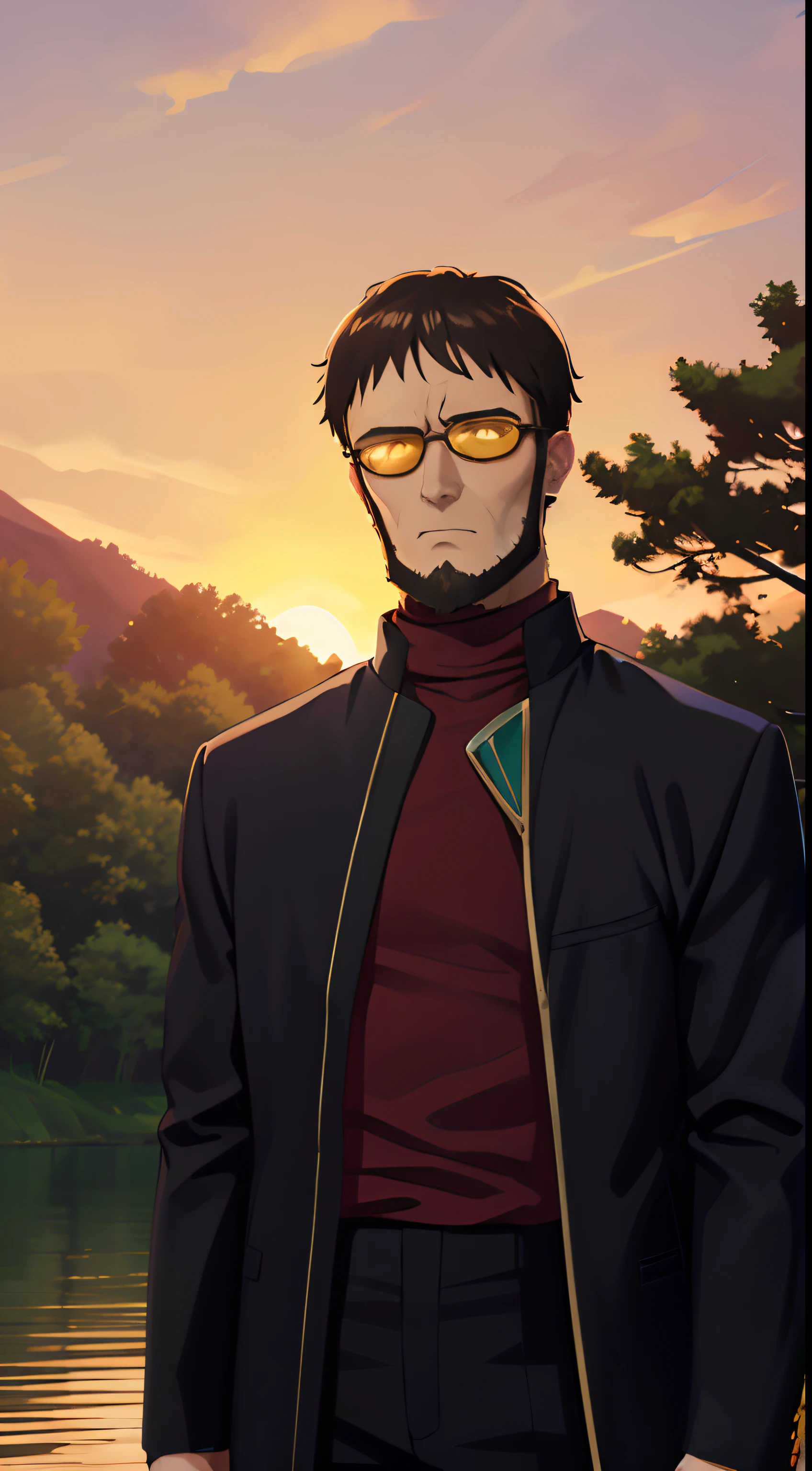 1boy, 独奏, Gendo Ikari, A dark-haired, a beard, facial hairs, Black jacket, Red Turtleneck, Yellow sunglasses, is standing, a park, the setting sun, The tree, lake、The upper part of the body、enlarged