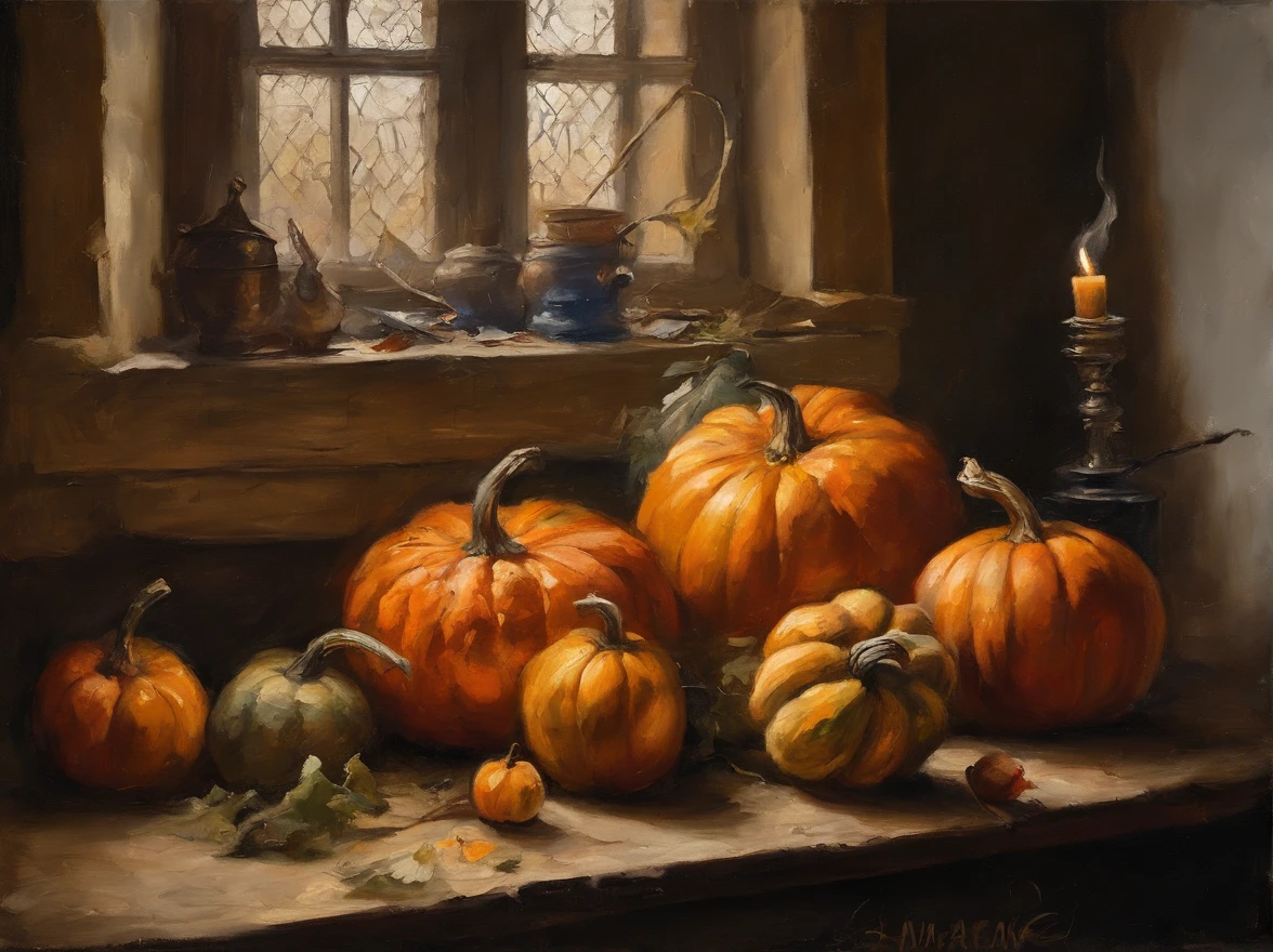 oil painting, (Golden ratio) heavy brushstrokes, Pallette knife, paint drips, A scene of a kitchen, with staff preparing pumpkins for halloween, pumpkins, half a sliced pumpkin sitting in a vintage kitchen, Baroque, dramatic contrasts between light and dark, emotional intensity, tenebrism, soft edges, oil on canvas, romanticism, baroque, realism, chiaroscuro, Dutch Golden Age, impasto, by Rembrandt van Rijn, by Rembrandt, rich, deep colors, layered image shaded by cells, golden ratio, award winning, professional, highly detailed, intricate, volumetric lighting, gorgeous, masterpiece, sharp focus, depth of field, perfect composition, award winner, artstation, acrylic painting, pixiv fanbox trends, palette knife and brush strokes, 16k hi-res, uhd