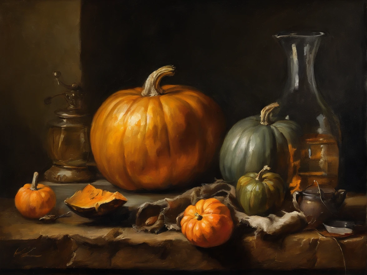 oil painting, (Golden ratio) heavy brushstrokes, Pallette knife, paint drips, A scene of a kitchen, with staff preparing pumpkins for halloween, pumpkins, half a sliced pumpkin sitting in a vintage kitchen, Baroque, dramatic contrasts between light and dark, emotional intensity, tenebrism, soft edges, oil on canvas, romanticism, baroque, realism, chiaroscuro, Dutch Golden Age, impasto, by Rembrandt van Rijn, by Rembrandt, rich, deep colors, layered image shaded by cells, golden ratio, award winning, professional, highly detailed, intricate, volumetric lighting, gorgeous, masterpiece, sharp focus, depth of field, perfect composition, award winner, artstation, acrylic painting, pixiv fanbox trends, palette knife and brush strokes, 16k hi-res, uhd