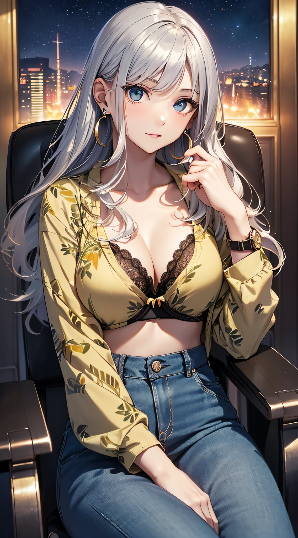 top-quality、Top image quality、masterpiece、girl with((18year old、 Beautiful Aloha Shirts、Black bra、Blue long trousers、Best Bust、Bust 85、a blond、Semi-long、Blue eyes、open chest wide、Valley、Happiness、A slender、Frightened face、Gold Earrings、Silver Watch、Hold hands with your audience、Sitting on a chair in a cinema))hiquality、Beautiful Art、Background with((Cinema during night screenings)、masutepiece、Elaborate design、visualart