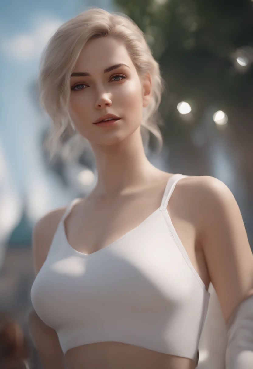 Il y a une femme en haut blanc et short blanc posant, Tendances sur CGstation, real Rendu Personnage Art 8 K, Rendu CG 3D fluide, Smooth Digital Concept Art, Smooth anime CG Art, KDA, Real style. 8k, realistic anime 3 d style, photorealistic anime girl render, 8K Artgerm Bokeh, Tendances chez CGSTATION