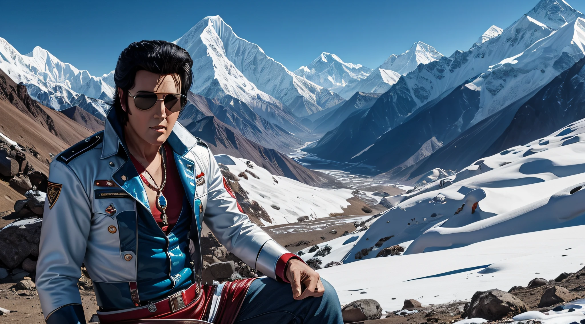 Generate an image of Elvis in the Himalayas, guiding a secret mission