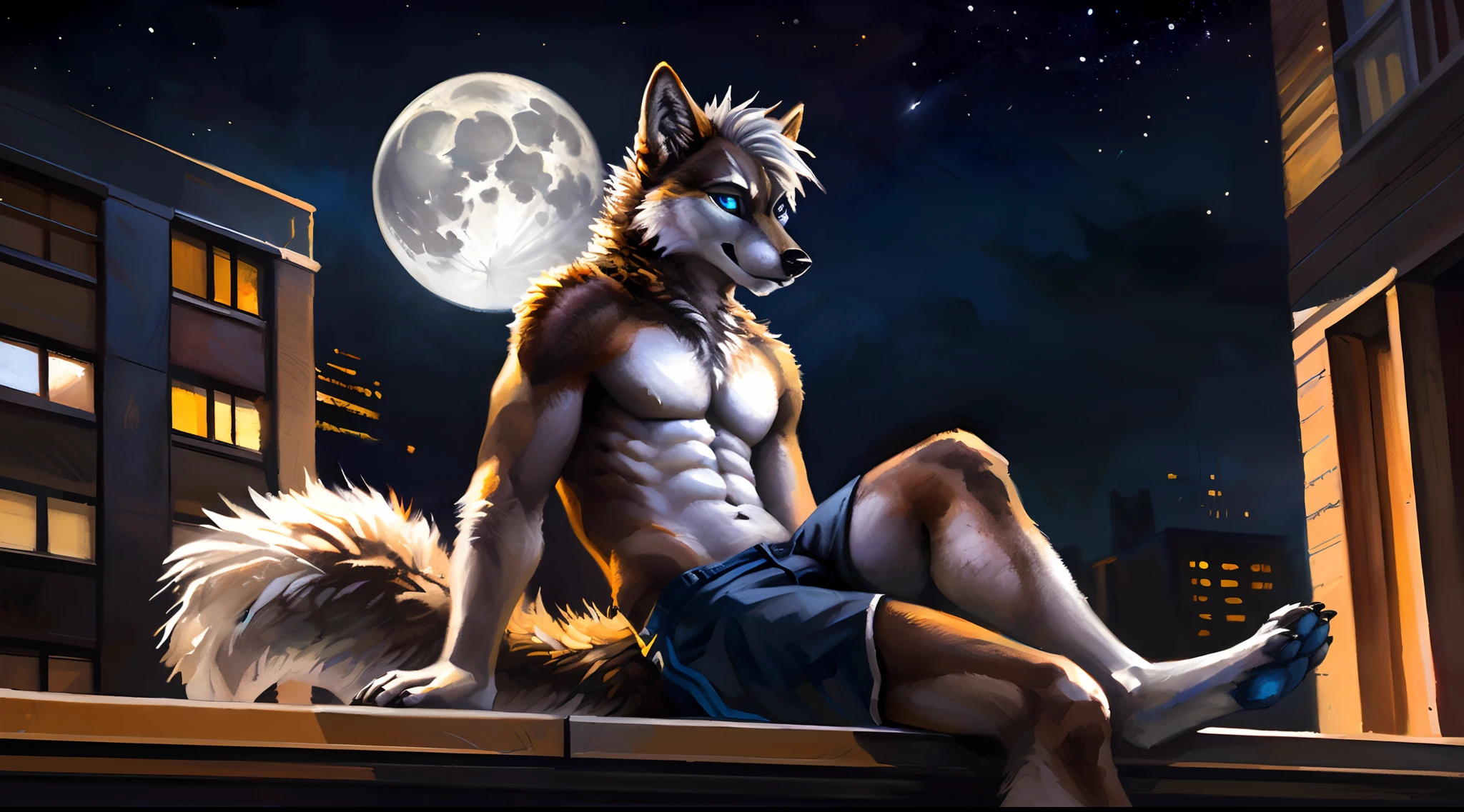 ((Solo)), male people, anthro wolf, (Multi-colored fur, White-brown:1.3), ((Wolf face, White hair, Big eyes, White eyelids, Blue pupil, Slim:1.2) (Tough, Calm expression:1.2)), Abs, Slim, pinging)), (Correct anatomy), (Work shorts:1.1), (Contour bone:1.2), The upper body is naked, (detailed outfits),A big tail,Feet,Long legs,(Realistic fur, Detailed fur texture, labeled:1.3)), (Natural lighting), Photorealistic, Hyperrealistic, ultradetailed, by Kenket,In the modern city,Roof roof,the night,Sit alone,Look at the full moon,It was dark,Starry