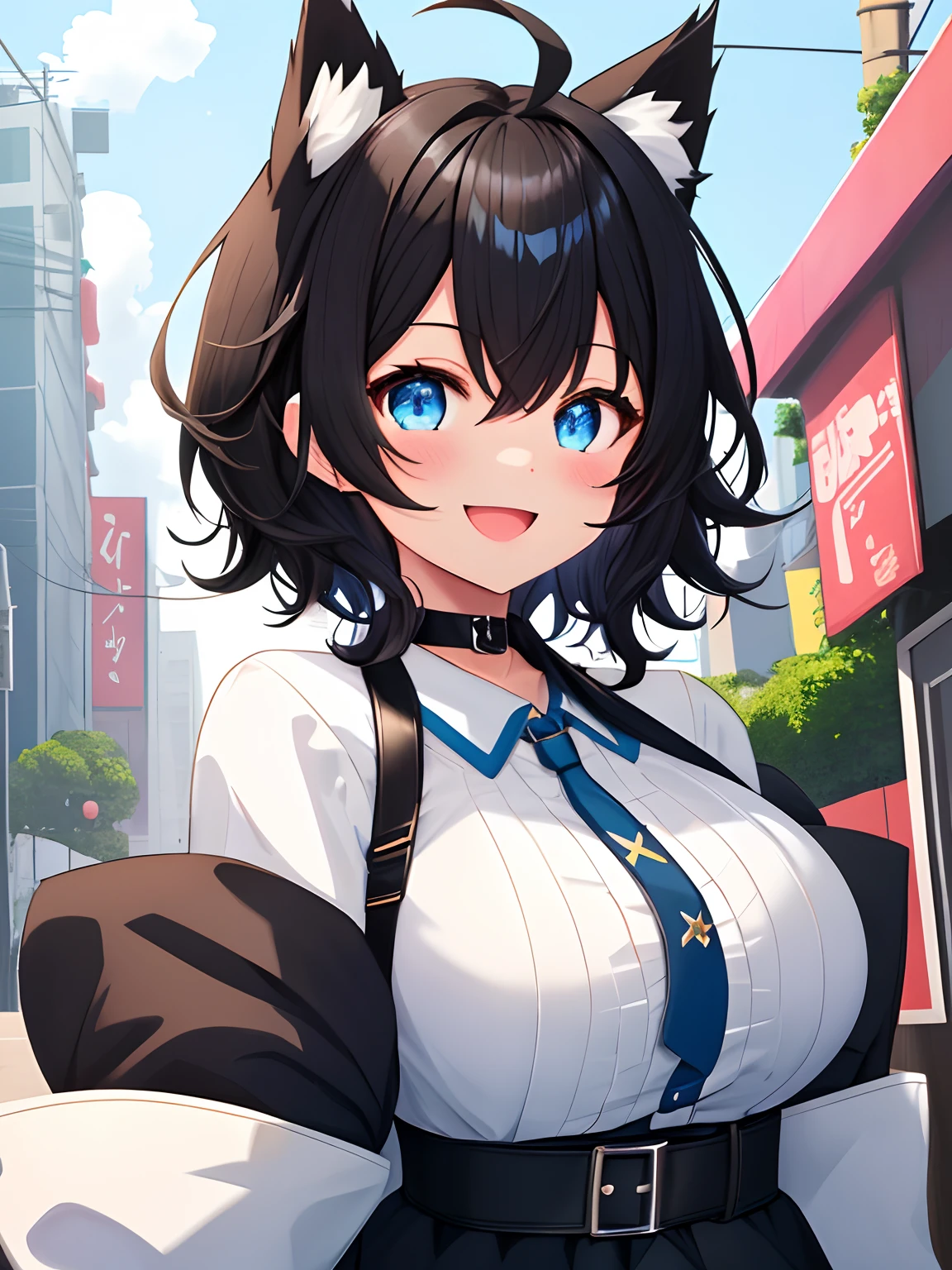Cute backgrounds, 1girl in, Open mouth, Smile, Virtual Youtuber、girl with、((Best Quality, high_resolution, Distinct_image)),(Black hair), (Black cat ears), (Ahoge), (absurdly short hair), (Wavy Hair), (Blue eyes),、Very big、A smile、((View Viewer))、Choker worn around the neck