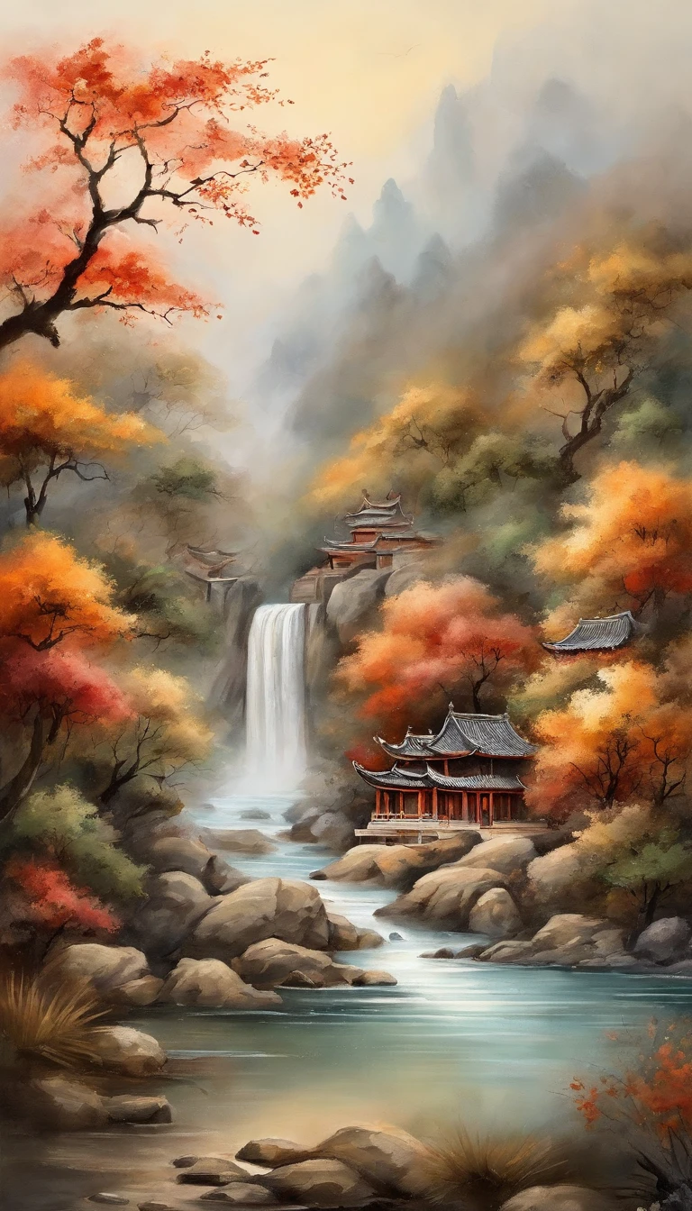 Quaint Han Dynasty style temple,(There was an ancient Chinese monk who sat and meditated(closeup cleavage)),(Meditate),zazen,age-old tree,falling leaf,(Chinese landscape painting style),(Pastel ink painting),(8k wallpaper),(light and shadow effect),rendering by octane,White balance design,Extremely detailed picture depiction,wide angles,depth of fields,tmasterpiece,realisticlying,Beautifully depicted,A detailed,acurate,Works of masters,tmasterpiece