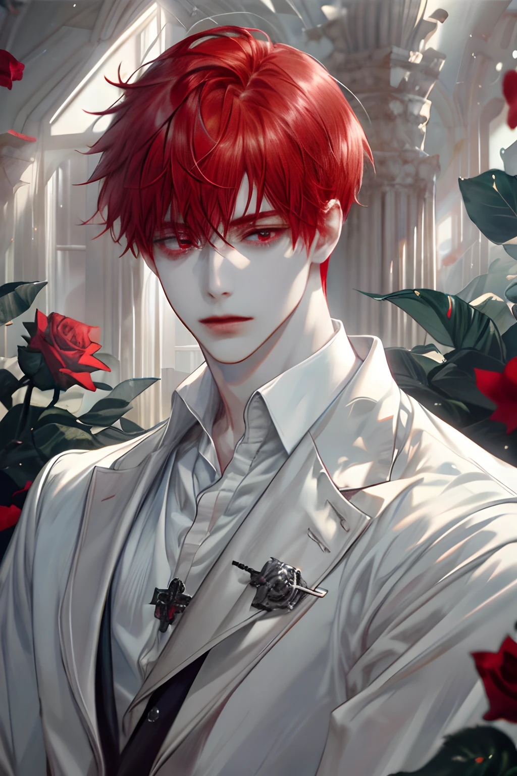 1boy,male,young man,Pale teenager,Rose blanche,white shirt,bandagens,Low screen contrast,High brightness,red hair,red eyes, softlighting,soft focus,misterious,romanticism lain, Impressionism, Cinematic lighting, Close-up, hyper HD, Masterpiece, High details,