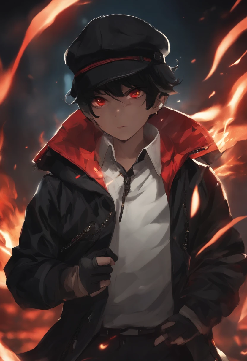 1boy, black hair, wearing white jacket, masterpiece, wearing scarf, cyberpunk, night time, blocking, fire ability, punching, frown, intimidating look, open mouth, mad, glowing red eyes, smoke, wearing black hat, wearing black gloves, fighting