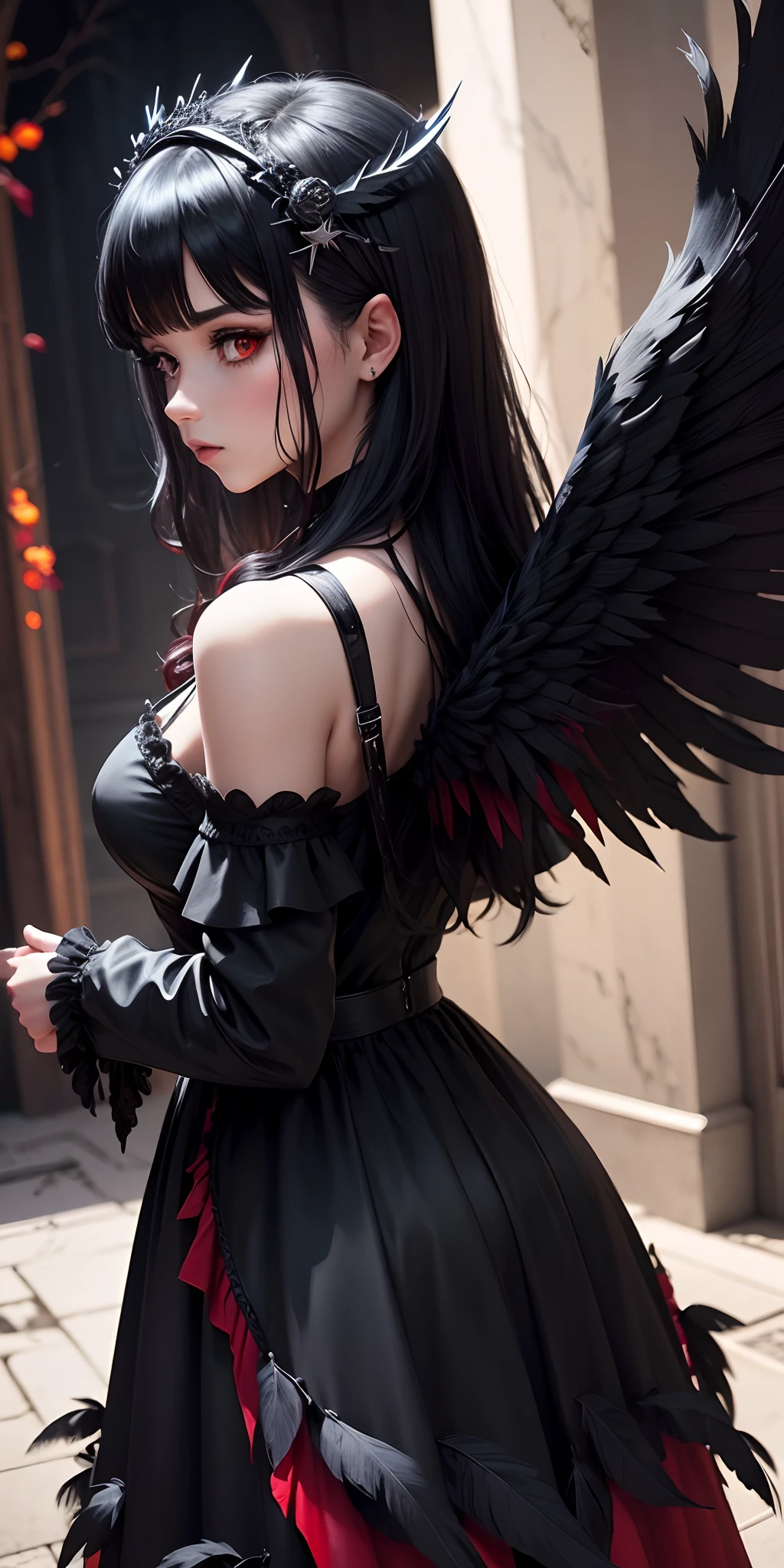 Magic, Angel, Fallen Angel, Black Angel, Big Wings, Black Feather, Darkness, Evil Creature, Skull, Black Thorn Hair Ornament, Blood Red Roses, Dark Red Clothes, Black Crown