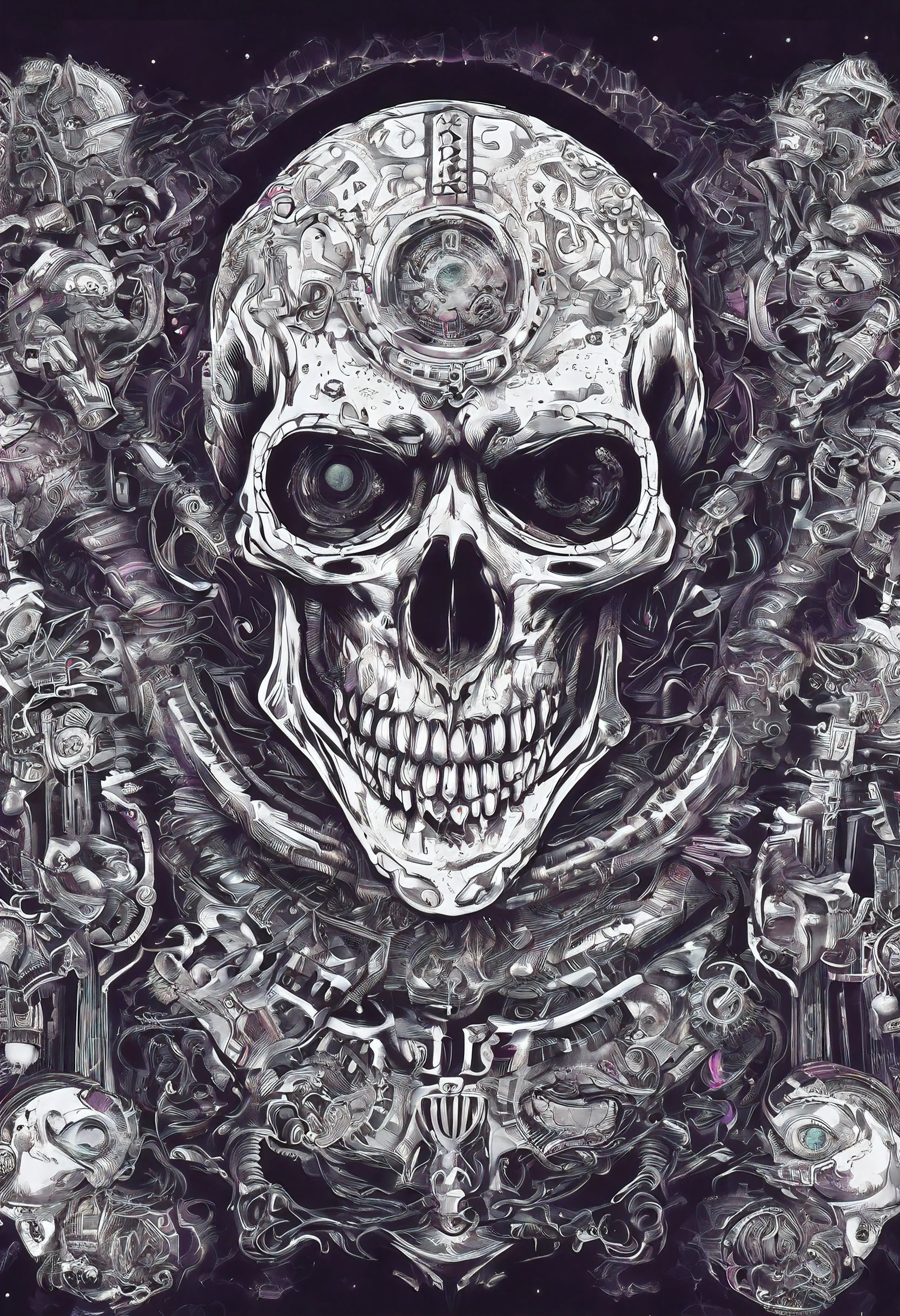 A close-up of a skull , fantasy skull, Arte detallado aterrador en blanco y negro, Arte en blaco y negro aterrador en 4K, sacred skull, Conjuring a psychedelic background, Ilustraciones digitales detalladas, calavera, Calaveras sagradas, psychedelic illustration, Sugar skull, skull face, Calavera de la muerte, Arte aterrador en blanco y negro, cráneo liminal void background, psychedelic art style