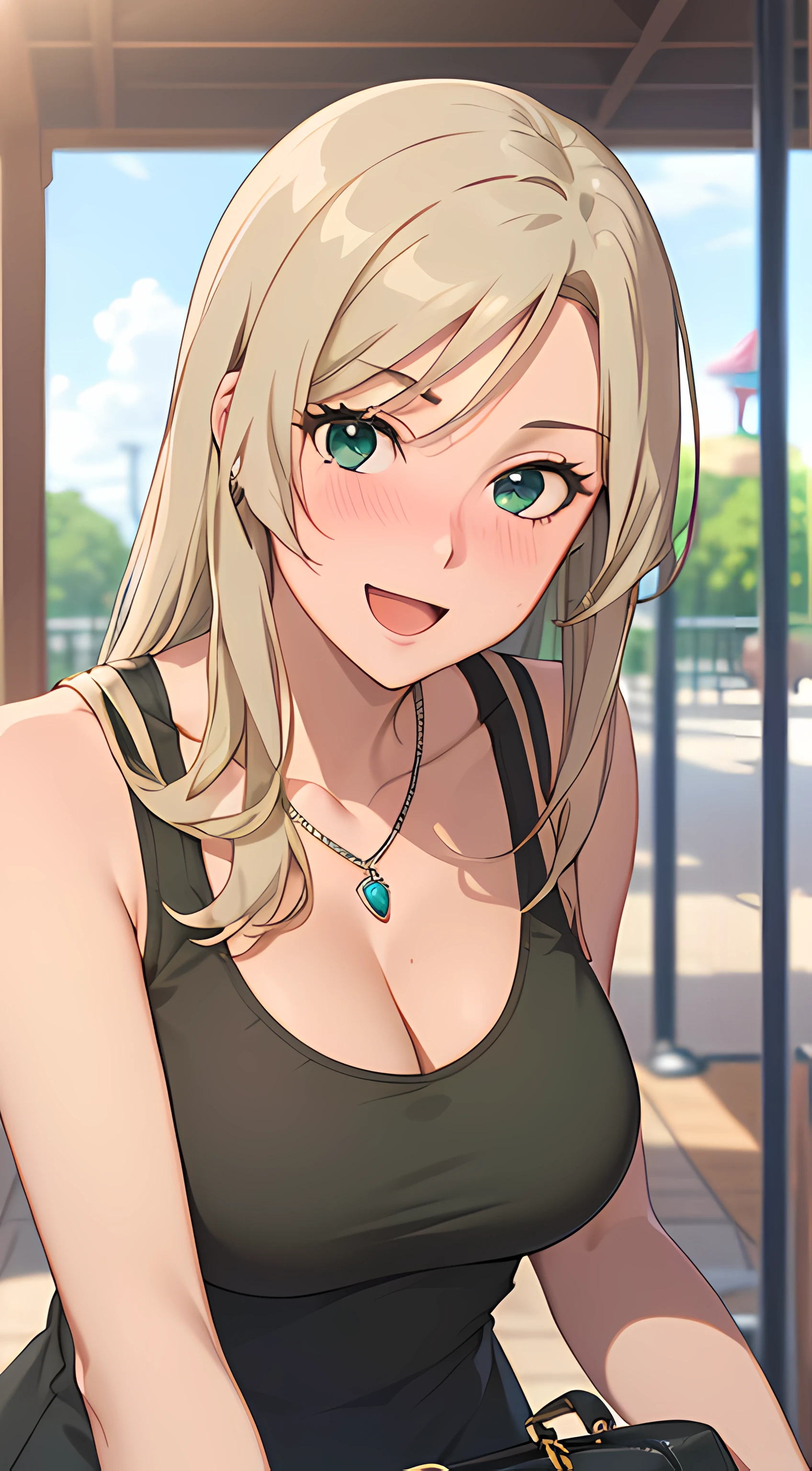 ((masterpiece, best quality, highres, UHD, RTX, perfect pixel, depth of field, 4k, extremely-detailed))), 1girl, single, solo, beautiful anime girl, beautiful artstyle, anime character, ((long hair, parted bangs, middle part hair bangs, dark blonde hair)), ((green eyes:1.4, rounded eyes, beautiful eyelashes, realistic eyes)), ((detailed face, blushing:1.2)), ((smooth texture:0.75, realistic texture:0.65, photorealistic:1.1, anime CG style, vibrant color)), ((medium breasts, cleavage, busty)), dynamic angle, perfect body, ((POV, dynamic pose, looking at viewer)), ((wearing tanktop, black tanktop, visible bra from inside the tanktop)), ((fashionable, single handbag, 1diamond necklace)), smile, open mouth, embrassed, amusement park, leaning forward