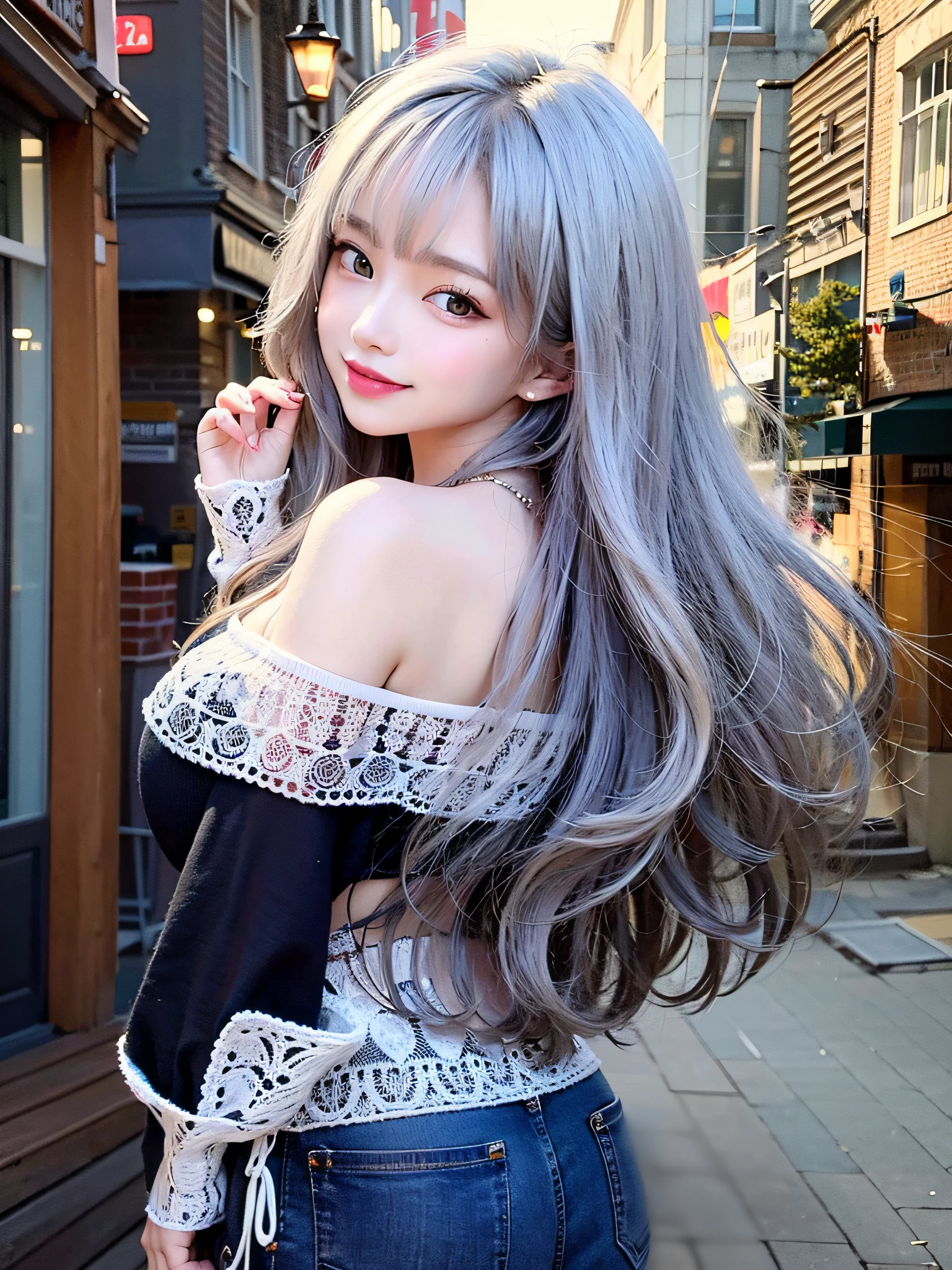 (surrealistic), (illustratio), (hight resolution), (8k picture), (ighly detailed), (The best illustrations), (beatiful detailed eyes), (top-quality), (ultra-detailliert), (masterpiece), (wall-paper), (详细的脸), 独奏, 1girl in, Gray wavy hair、Off-the-shoulder clothing、huge smile、Blushing cheeks、bangss、Colossal tits、Constriction of the lower back、skinny thigh、small buttocks sticking out、Beautiful bangs、Look at your audience、a necklace、耳Nipple Ring、Watching from above、main street、Backshots、