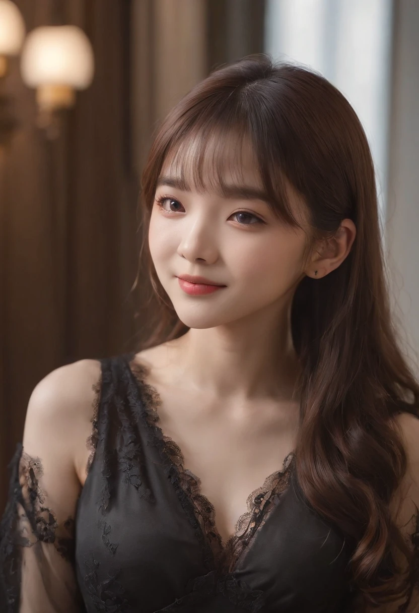 top-quality, Photorealsitic, masterpiece, 8K, Hi-Res, 独奏, 1girl in, (((infp young woman))),、full body Esbian、(small tits), ((Look at viewers)), (look at a camera), ((Different hairstyles close to long))、Perfect straight black hair、(((With bangs)))、 (profetional lighting), Highly detailed bright face、Gentle Japan girl、Lovely smile、Small cleavage、Black dress with lace(long-sleeve)、Standing in the room