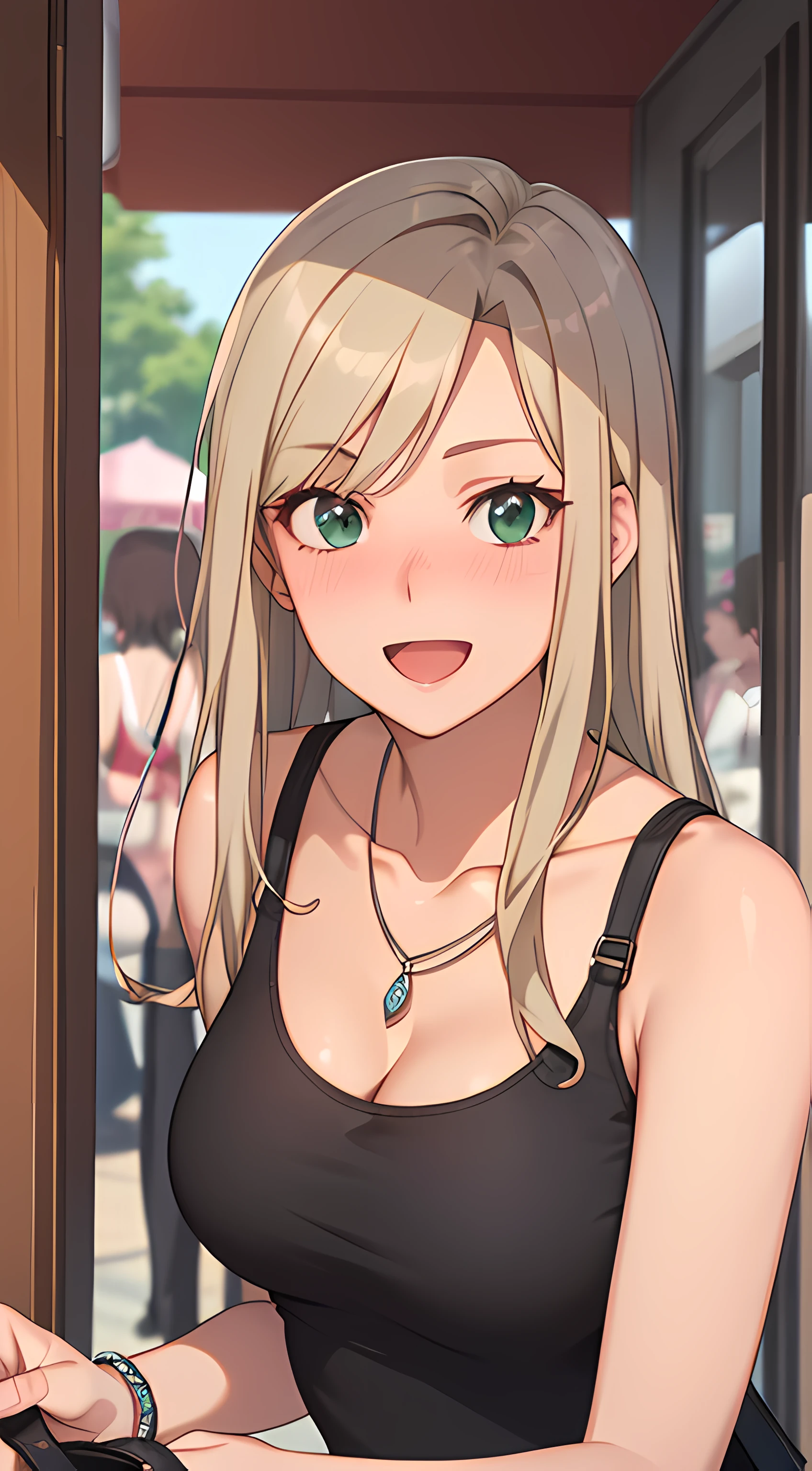 ((masterpiece, best quality, highres, UHD, RTX, perfect pixel, depth of field, 4k, extremely-detailed))), 1girl, single, solo, beautiful anime girl, beautiful artstyle, anime character, ((long hair, parted bangs, middle part hair bangs, dark blonde hair)), ((green eyes:1.4, rounded eyes, beautiful eyelashes, realistic eyes)), ((detailed face, blushing:1.2)), ((smooth texture:0.75, realistic texture:0.65, photorealistic:1.1, anime CG style, vibrant color)), ((medium breasts, cleavage, busty)), dynamic angle, perfect body, ((POV, dynamic pose, looking at viewer)), ((wearing tanktop, black tanktop, visible bra from inside the tanktop)), ((fashionable, single handbag, 1diamond necklace)), smile, open mouth, embrassed, amusement park, leaning forward