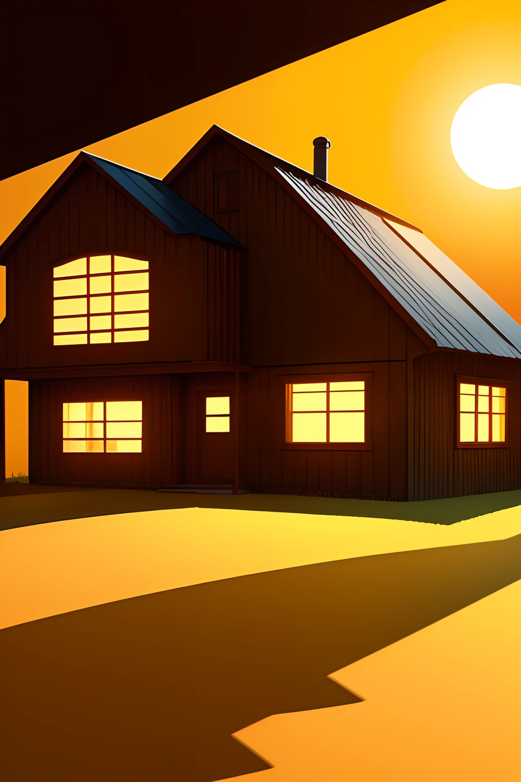 Create a 2D cartoon-style image of a cheerful, hot sun radiating warmth and illuminating a farmhouse. Represent the playful aspect of heat.