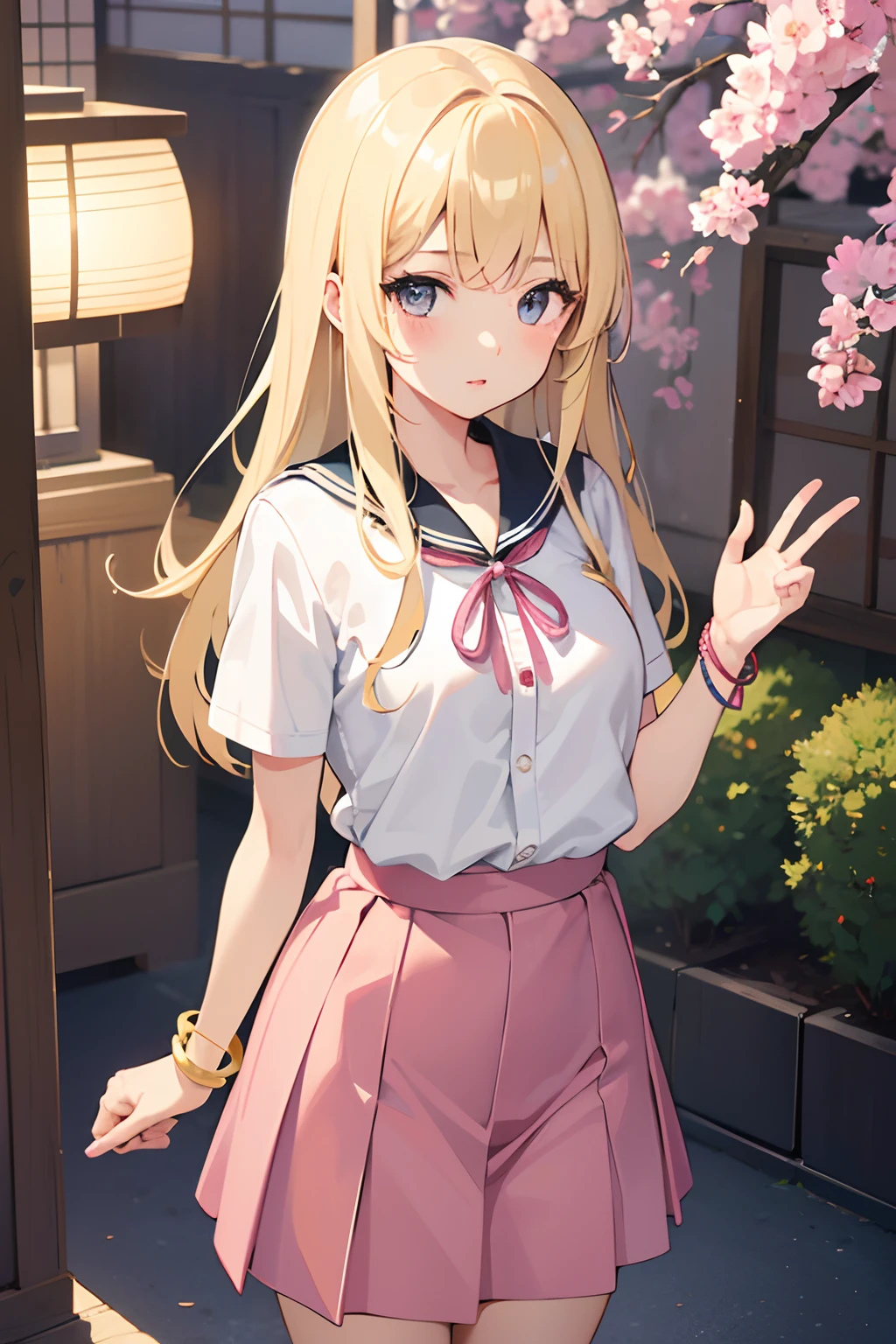 1 girl, solo, masterpiece, blonde hair,straight haired,long hair,pink lips, Japanese school shirt, Japanese skirt,cute and beautiful illustration,soft, bracelet, posing, standing position,