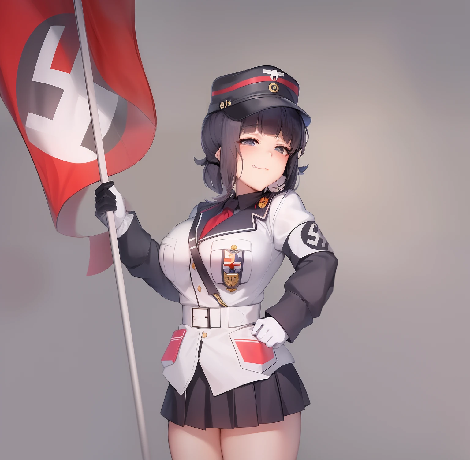 anime girl in uniform holding a  flag and a  cross, anime maid  ss military, female protagonist 👀 :8, anya from spy x family, fujita goro!, inspired by Ryūsei Kishida, female protagonist, female anime character, ecchi anime style, fascist, nazism, inspired by Li Chevalier