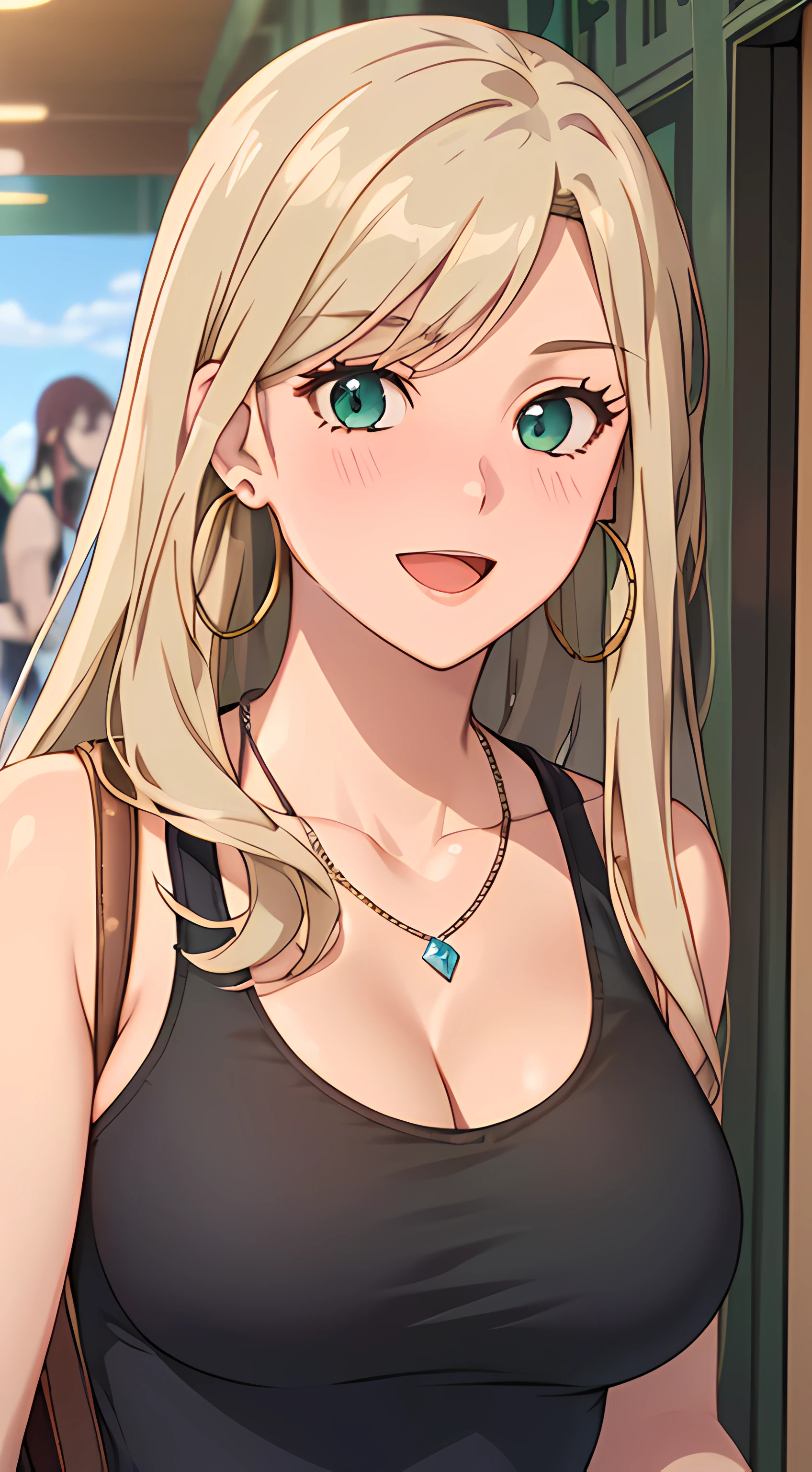 ((masterpiece, best quality, highres, UHD, RTX, perfect pixel, depth of field, 4k, extremely-detailed))), 1girl, single, solo, beautiful anime girl, beautiful artstyle, anime character, ((long hair, parted bangs, middle part hair bangs, dark blonde hair)), ((green eyes:1.4, rounded eyes, beautiful eyelashes, realistic eyes)), ((detailed face, blushing:1.2)), ((smooth texture:0.75, realistic texture:0.65, photorealistic:1.1, anime CG style, vibrant color)), ((medium breasts, cleavage, busty)), dynamic angle, perfect body, ((POV, dynamic pose, looking at viewer)), ((wearing tanktop, black tanktop, visible bra from inside the tanktop)), ((fashionable, single handbag, 1diamond necklace, hoop earrings)), smile, open mouth, embrassed, amusement park, leaning forward