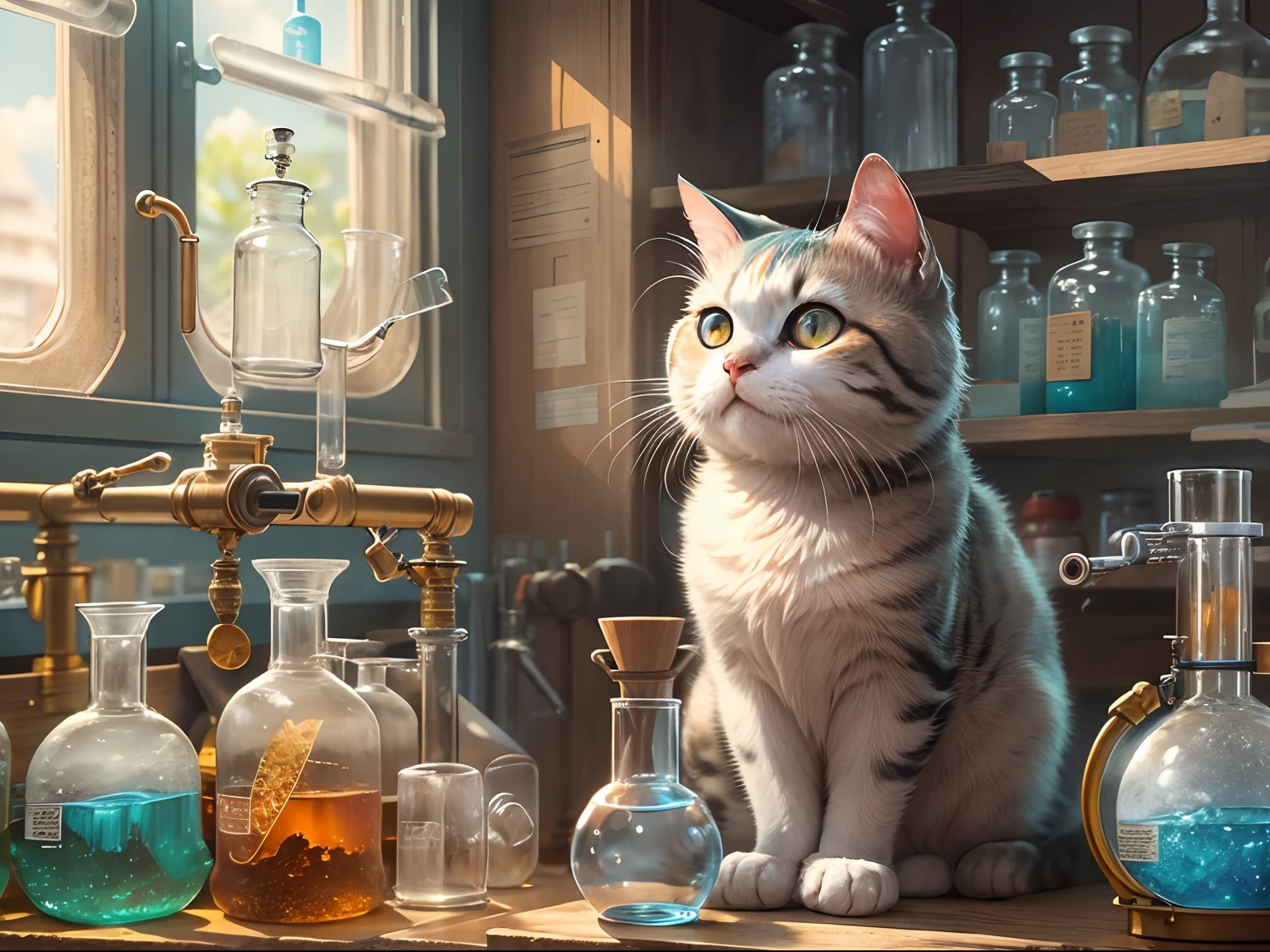 A round-eyed cat holds a round-bottom flask in a chemistry lab, There is a test tube rack on the front, The glass case has medicines, Sunlight outside the window,