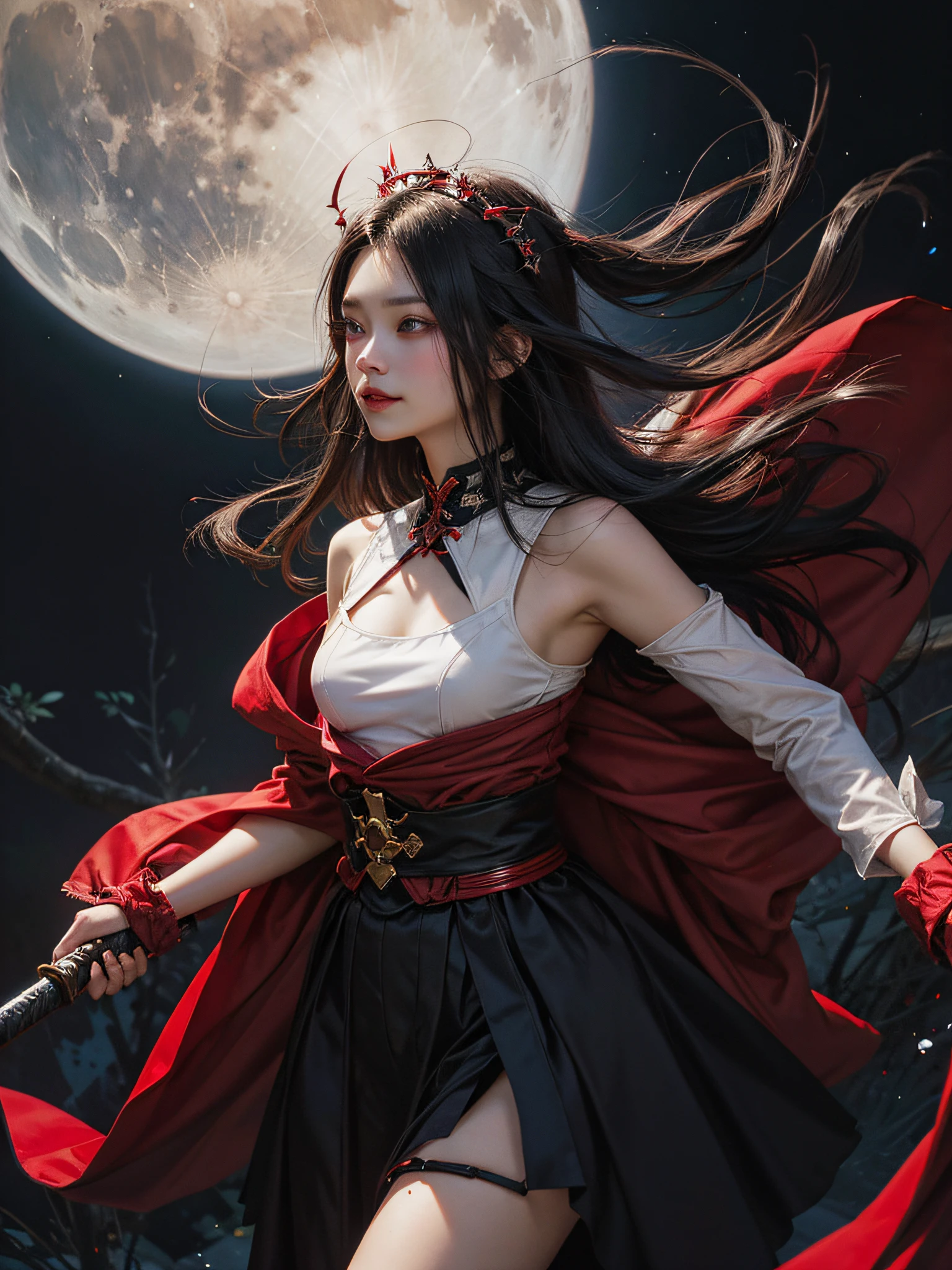 Black Knight,red eyes,black long hair,white skin,,crimson sword,holding a big ax big ax in both hands,dark background,red giant moon,black clothes with red,both hands have sword,thick clothes,thick fabric,pretty girl,cute girl,in the dark forest,Japanese demon girl,devil's weapon,demon horn,small breasts,smile,ruddy skin,in he forest,forest,red forest